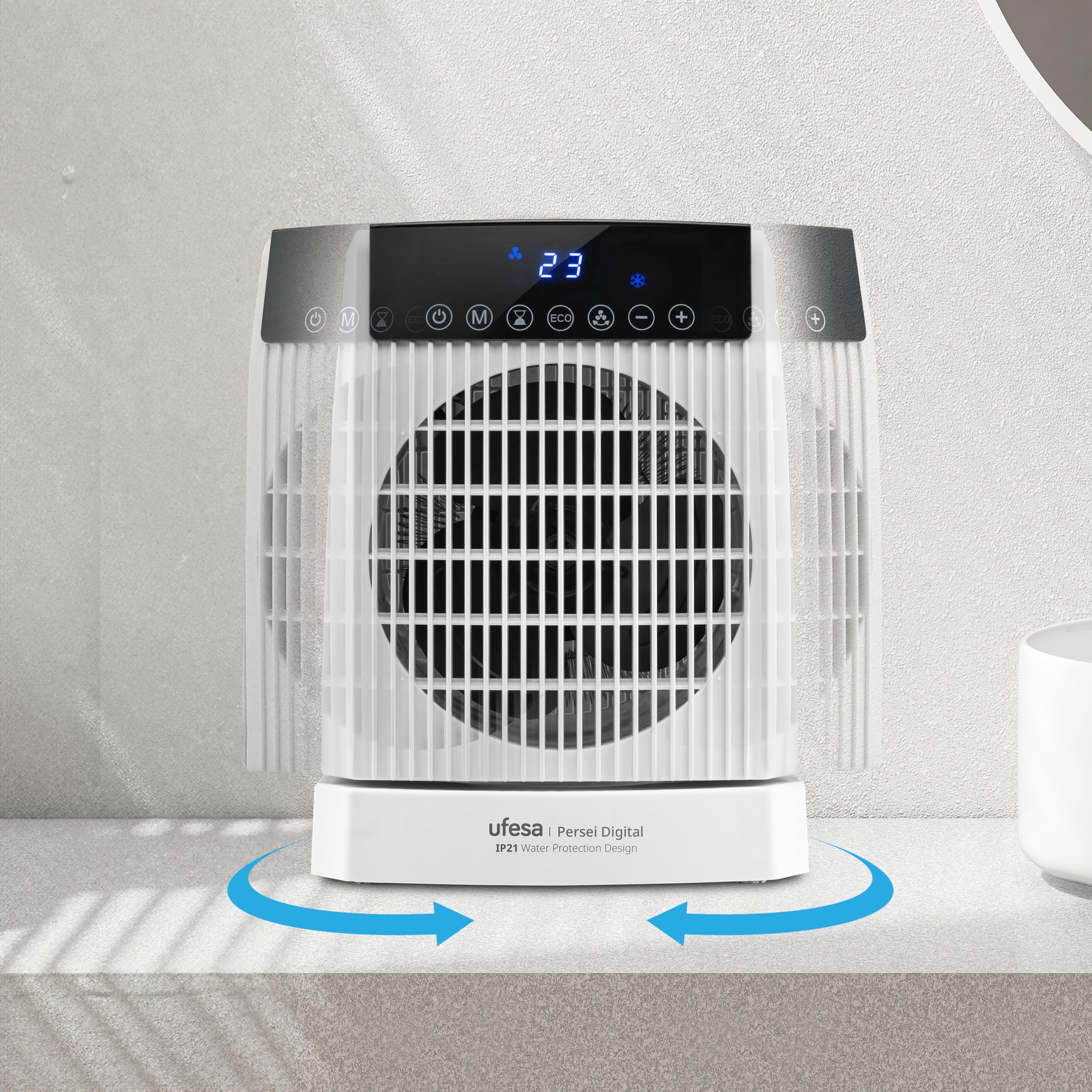 Ufesa Persei Calefactor Digital 2000W con Protección IP21, 3 Niveles de Potencia Calor/Frío, Base Oscilante, Pantalla LED, Termostato Regulable, Temporizador 24h y Protección de Sobrecalentamiento