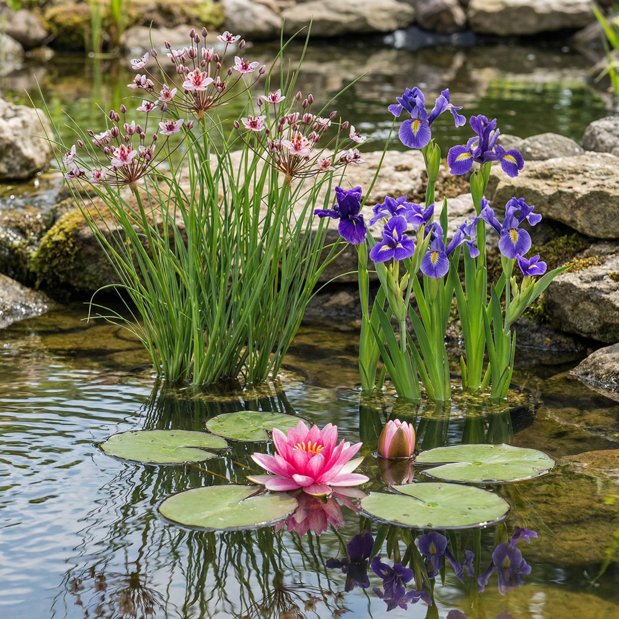 Vdvelde․com - Zwergseerose Rot Set - Nymphaea Pygmaea Rubra, Iris & Schwanenblume - 9 Teichpflanzen - Mit Pflanzkorb, Substrat & Dünger - Wassertiefe 10-40 cm