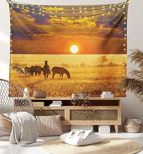 Miniatura 7 de Ambesonne Tapiz africano, cebras en el territorio de la sabana occidental al atardecer, horizonte, tropical, impresión de paisaje, para colgar en la