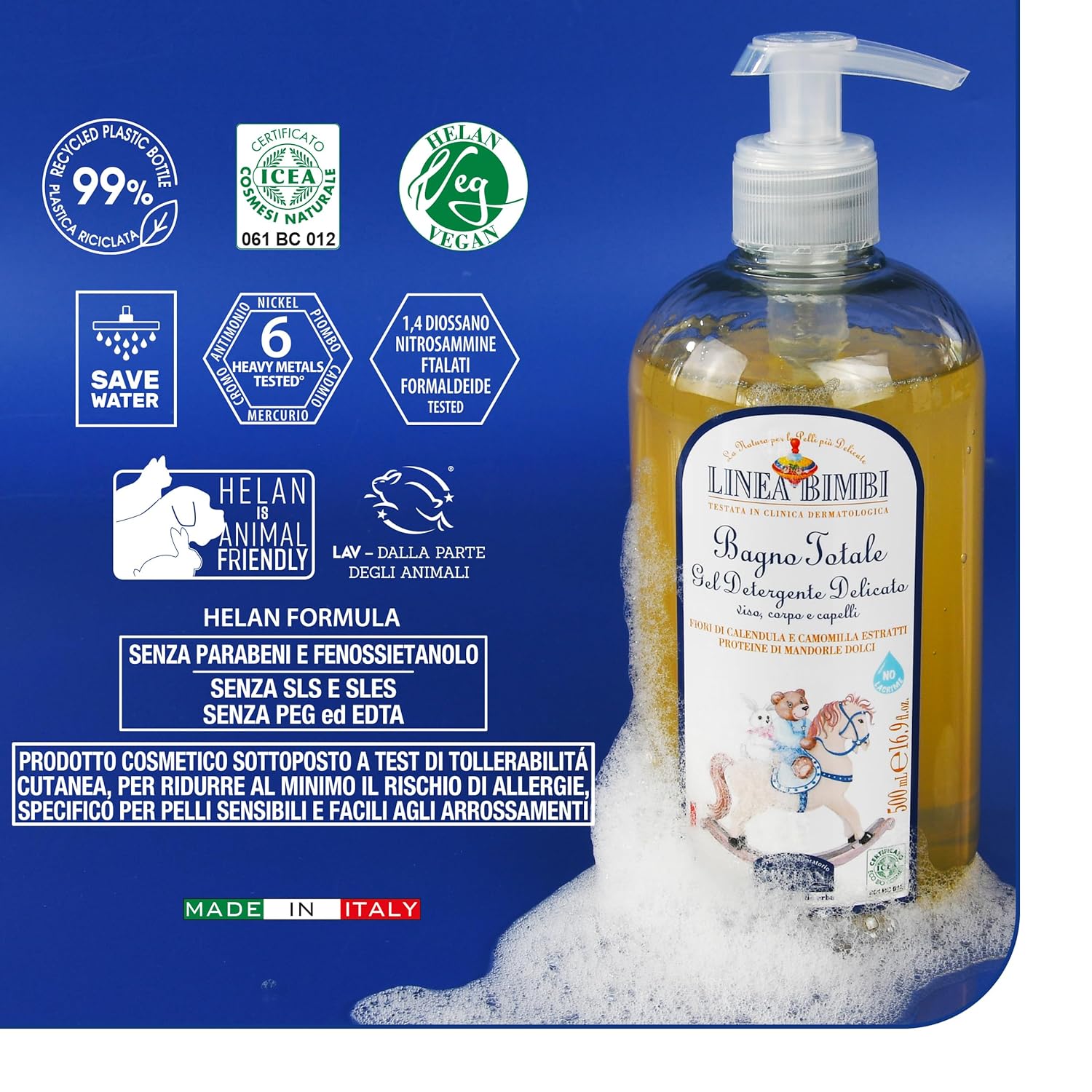Helan Linea Bimbi Bio - Baby Shampoo & Body Wash, Baby Wash Gel with Marigold & Chamomile Flower Extracts, Kids Shampoo & Gentle Cleanser with Sweet Almond Protein for Baby Bath Made in Italy 500fl oz