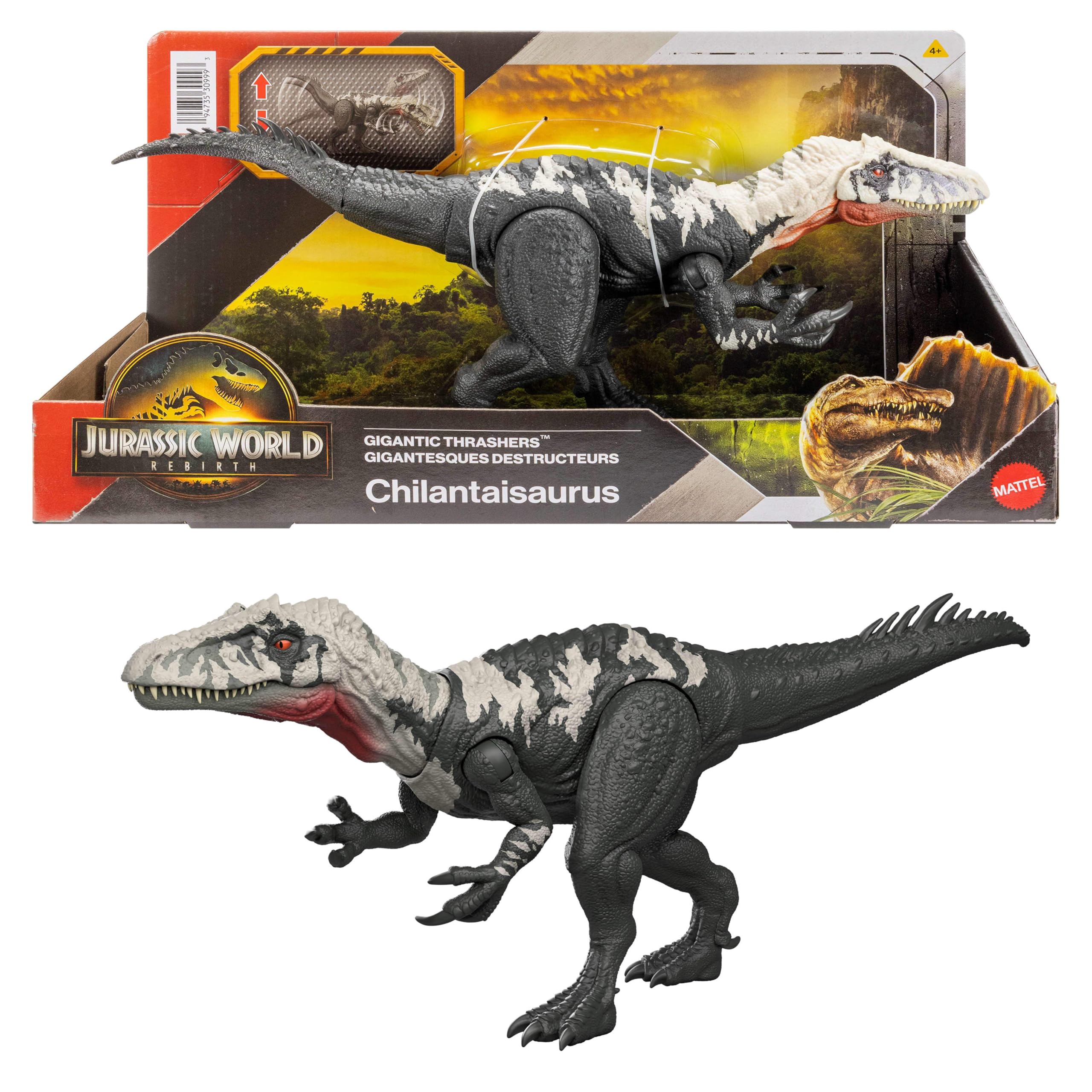 Mattel Jurassic World: Die Wiedergeburt Gigantic Thrashers-Dinosaurierfigur, Chilantaisaurus große Spezies Spielzeug, 2 Stampfattacken, digitaler Spielspaß, JGB95, [Mehrfarbig]