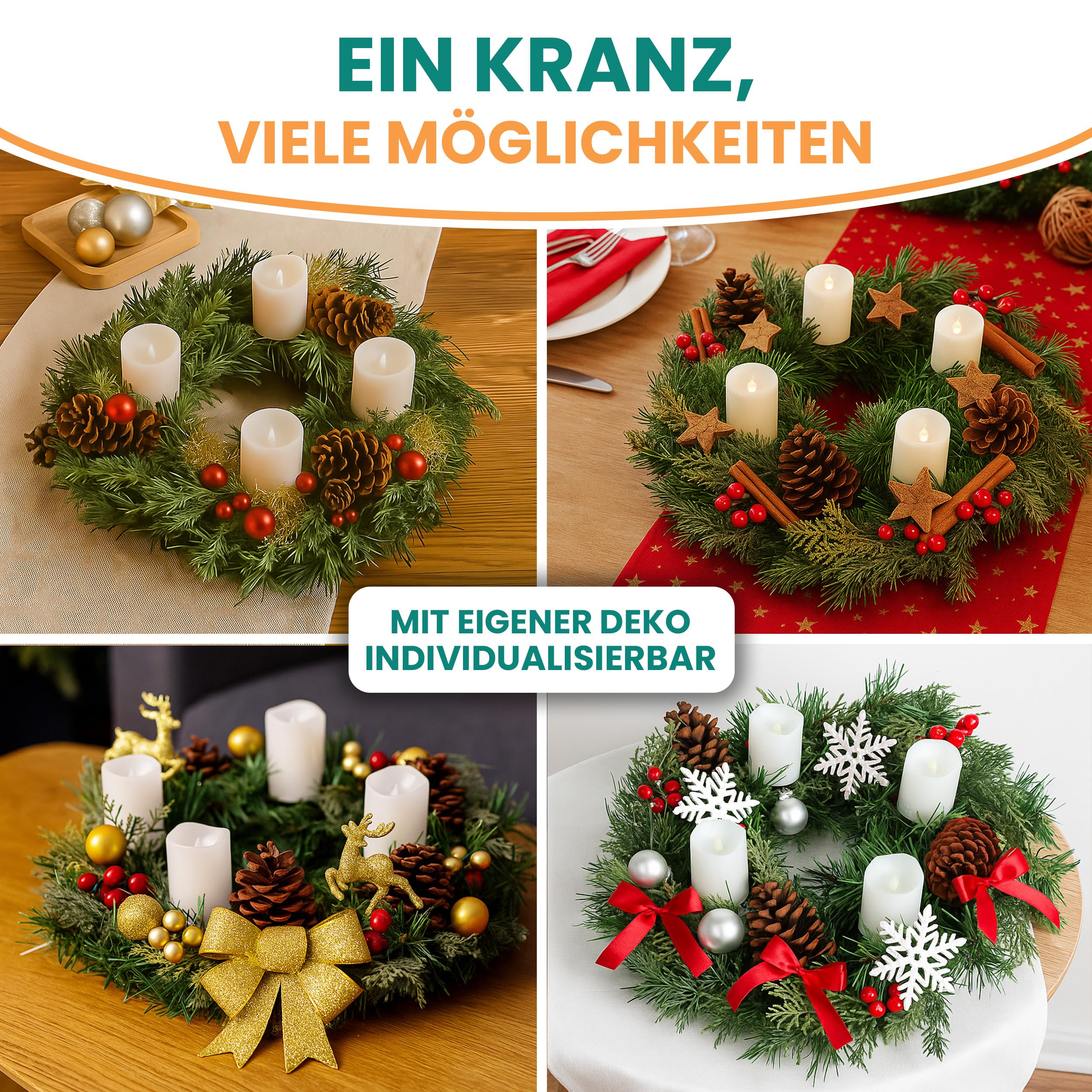 Gartenpirat Künstlicher Weihnachtskranz Ø 40 cm mit 4 LED-Kerzen Adventskranz geschmückt mit Zapfen und roten Beeren