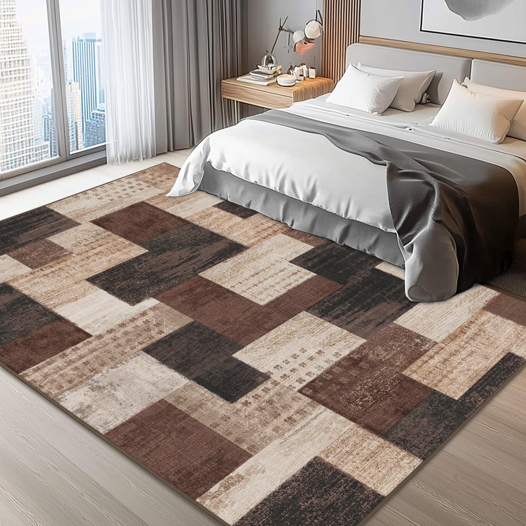 Moderne Geometrische Patchwork Indoor Wohnzimmer Teppich, Schokolade 160x230 cm Große Teppiche Rockwood Sammlung Böden Dekor für Schlafzimmer, Braun Weich Kurzflor Waschbar Teppich Gegend