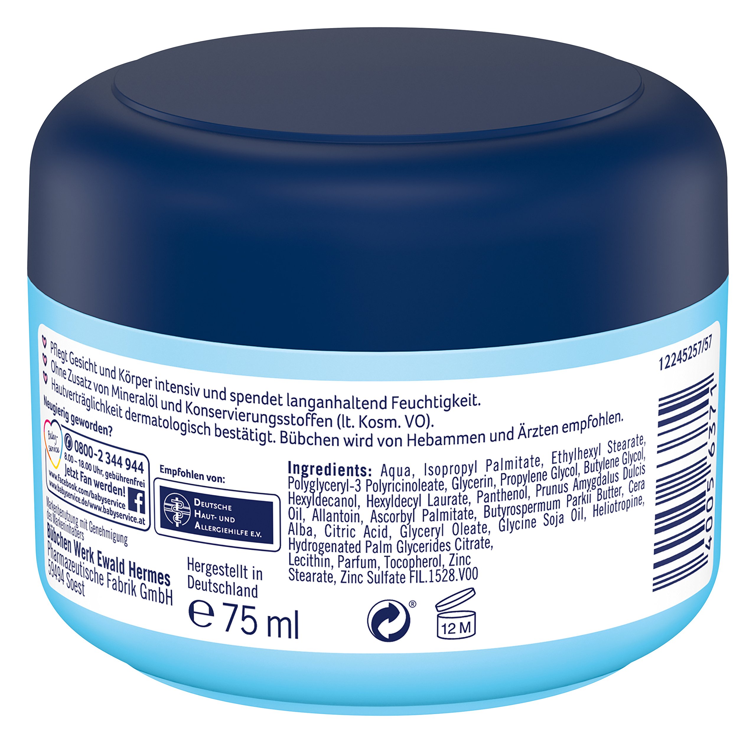 Bübchen Crème pour Le Corps et Le Visage Sensible pour la Peau délicate de bébé à l'huile d'amande 4 x 75 ML