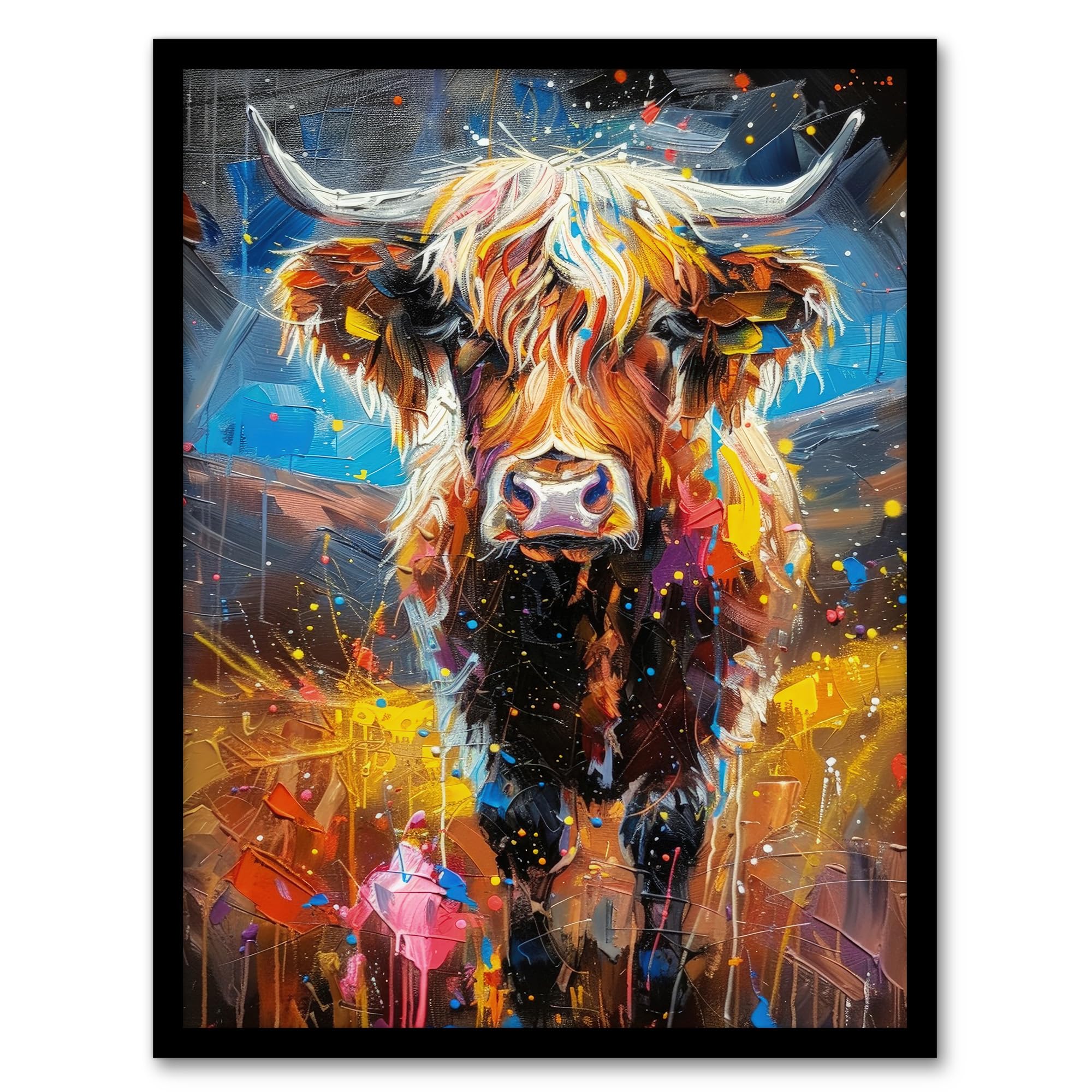 Artery8 Framed 18X24" Highland Cow Scottish Hairy Coo Paint Splat For Living Room Artwork Framed Wall Art Print 18X24 Inch