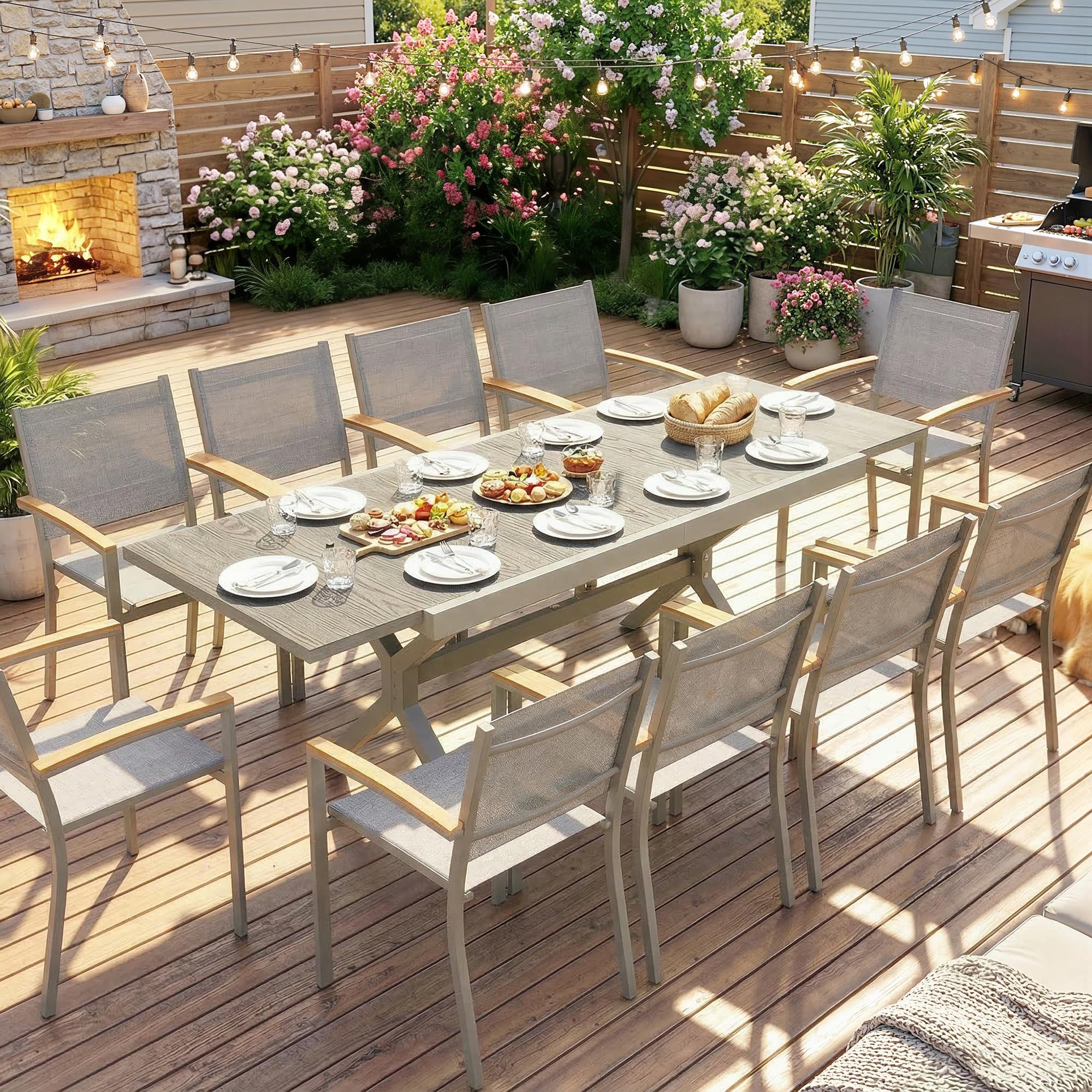 Outsunny Tavolo da Giardino Allungabile per 8-10 Persone 154/214x85cm, Tavolo da Pranzo Estensibile Esterno Alluminio Piano Effetto Legno, Gambe a X Acciaio per Patio Terrazzo Balcone, Grigio Argento
