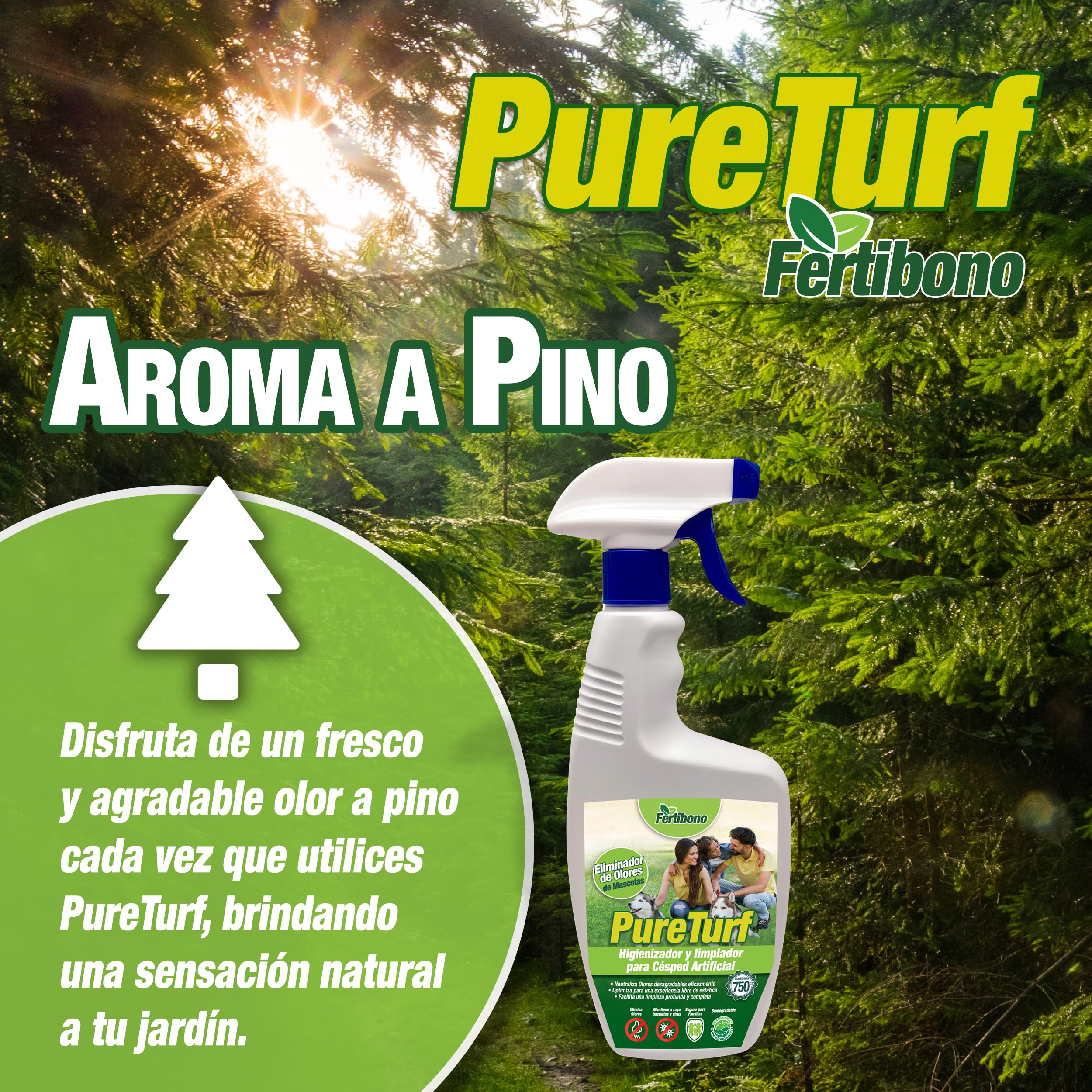 Fertibono PureTurf, Limpiador e Higienizador de Césped Artificial - (750 ml) - Eliminador de Olores de Mascotas, Seguro para Familias