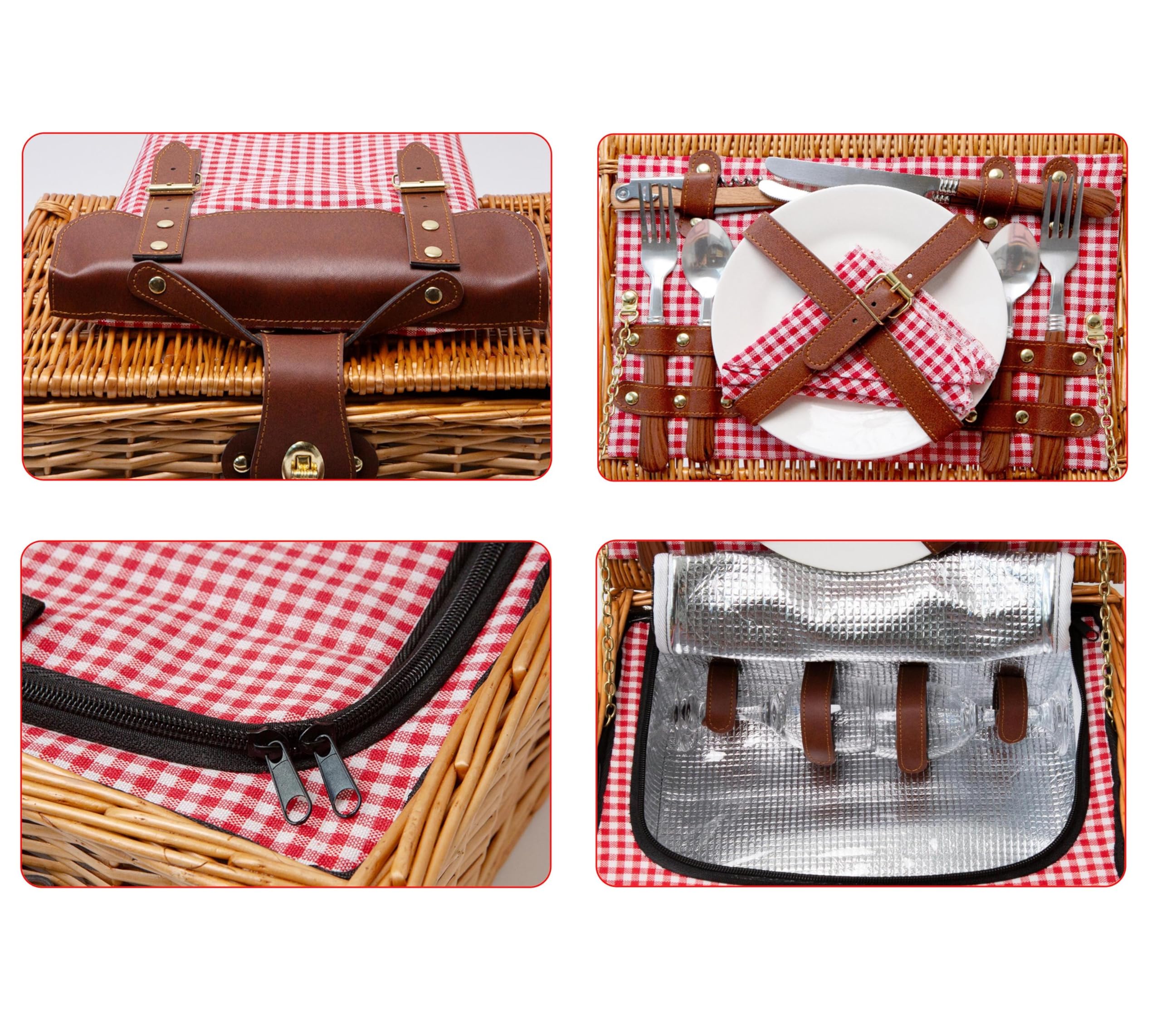 Cesta de Picnic Personalizada para 2 Personas, Cesta de Mimbre con Compartimento térmico, Manta, Tabla de Pizarra, Bolsa, servilletas – Cerámica, Vidrio, Acero INOX | Rojo