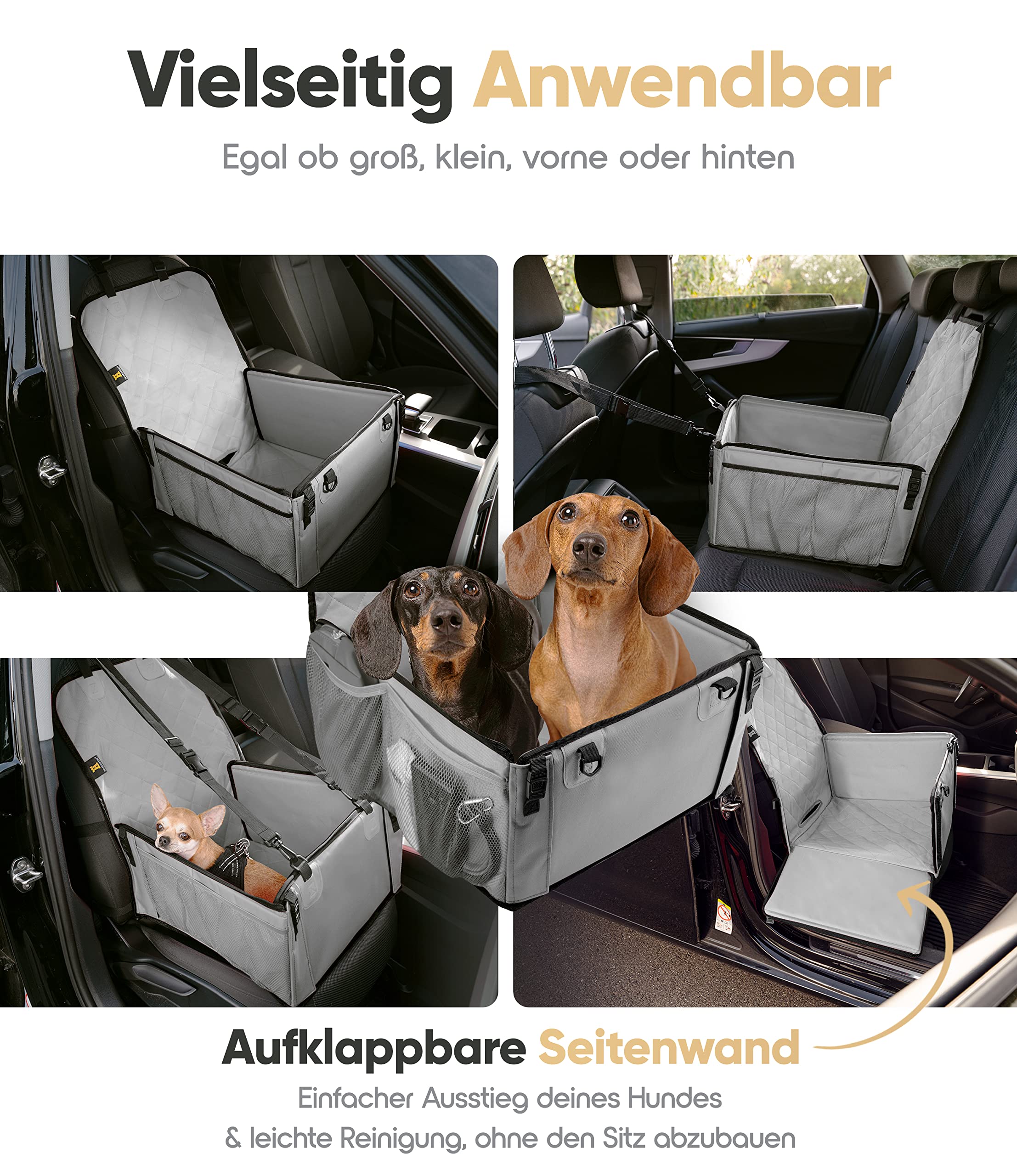 Heldenwerk Seggiolino auto per cani extra robusto Pareti rinforzate e 5 cinghie impermeabile sedile posteriore anteriore grigio misura