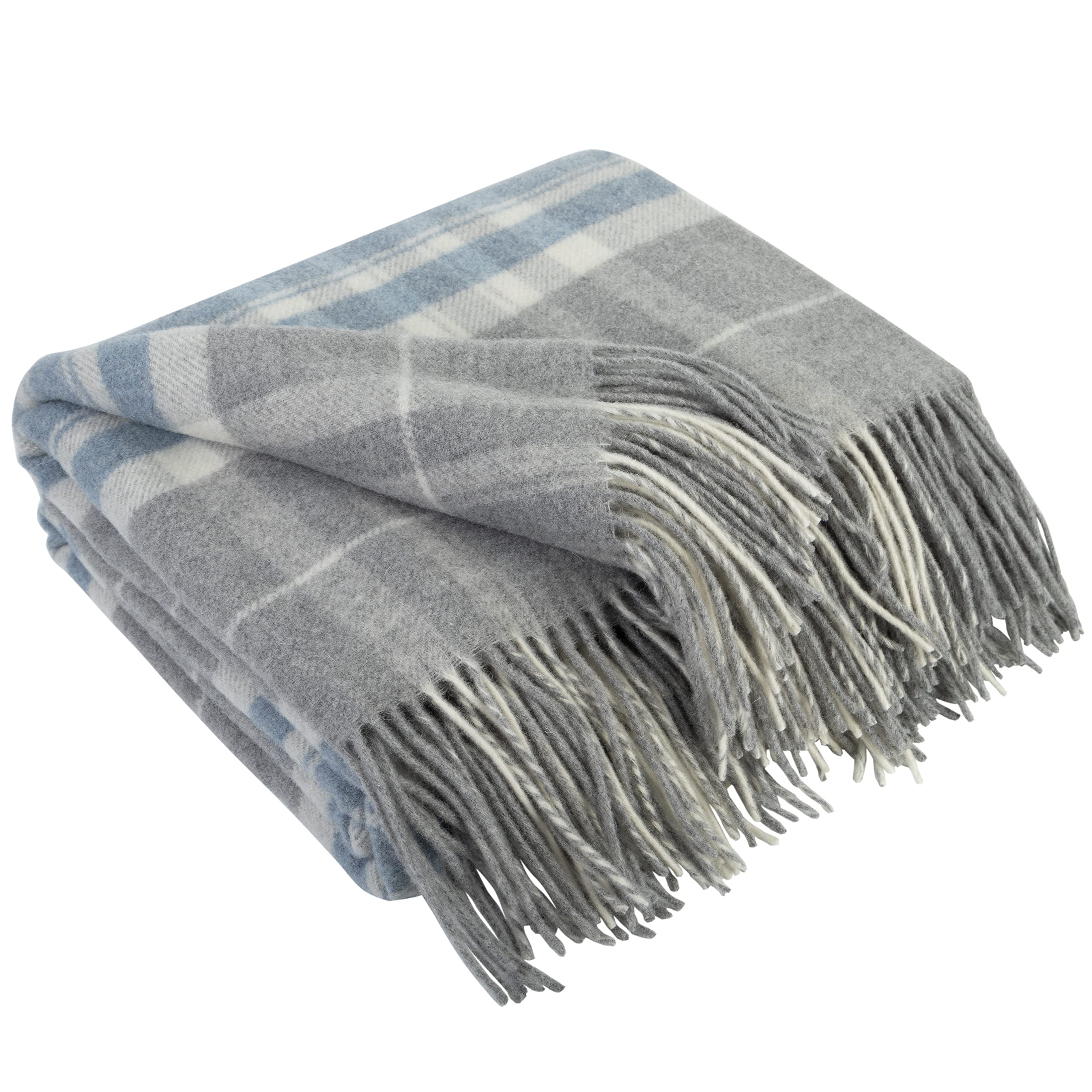 LYHome Manta Cachemira con Merino - Plaid para Cama Sofa, Colcha Sofá, Cubre de Lana de Oveja Pura para Natural Verano y Invierno, Mantas Decorativas (140x200 cm | Gris - Azul Claro - Blanco Tartán) OEKO-TEX STANDARD 100