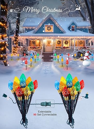 Miniatura 4 de Brightown Paquete de 2 luces de camino de Navidad C9 de fresa para exteriores, total de 34.8 pies, 20 luces LED C9, bombillas multicolor, luces de