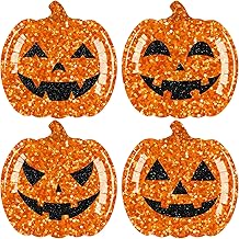 CMUSKO 48Pcs Halloween Pumpkin Plates - 9 Inch Orange Glitter Pumpkin Shape Disposable Paper Plates for Spooky Halloween Party Supplies