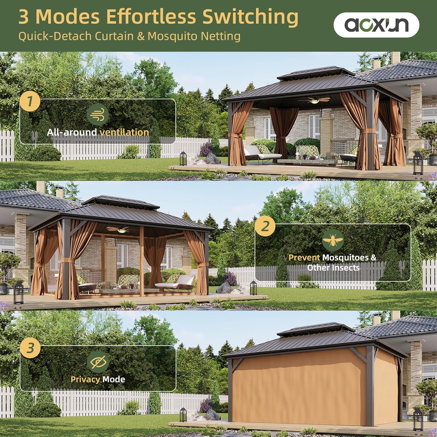 Aoxun 12’x16’ Hardtop Gazebo, Permanent Metal Pavilion with Galvanized Steel Double Roof, Outdoor Pergola with Nettings and Curtains for Lawn, Garden, Patio (Brown)