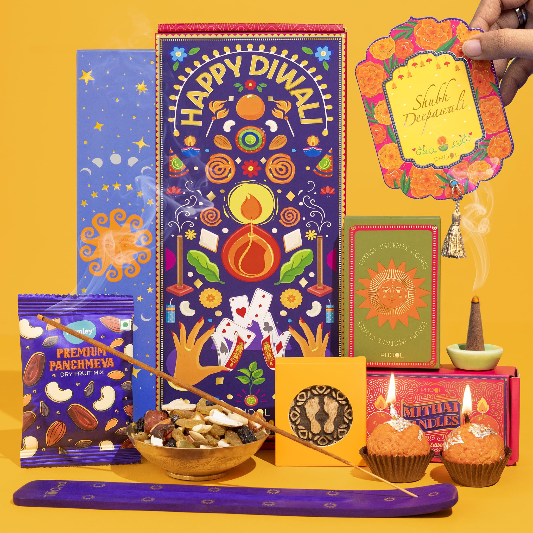 Phool Diwali Delight Gift Box | Premium Festive Hamper with Dry Fruits, Cones, Mithai Candles, Incense Sticks,Panchmeva, Wooden Laxmi Charan & Greeting Card | Diwali Gift for Family & Friends