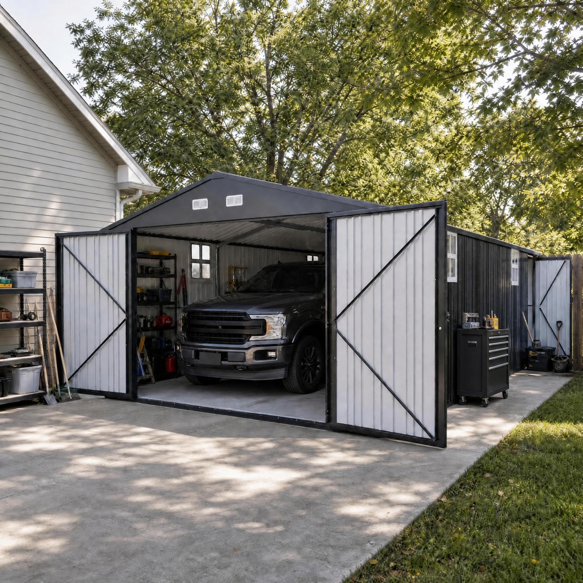 Photo 1 of **See Clerk Notes**12x25 FT Metal Garage Shed, Outdoor Extra Large Storage Shed with Double Hinged Doors, 4 Windows, Heavy Duty Carport for Cars, Boats, Trucks and Equipment Storage, Gray