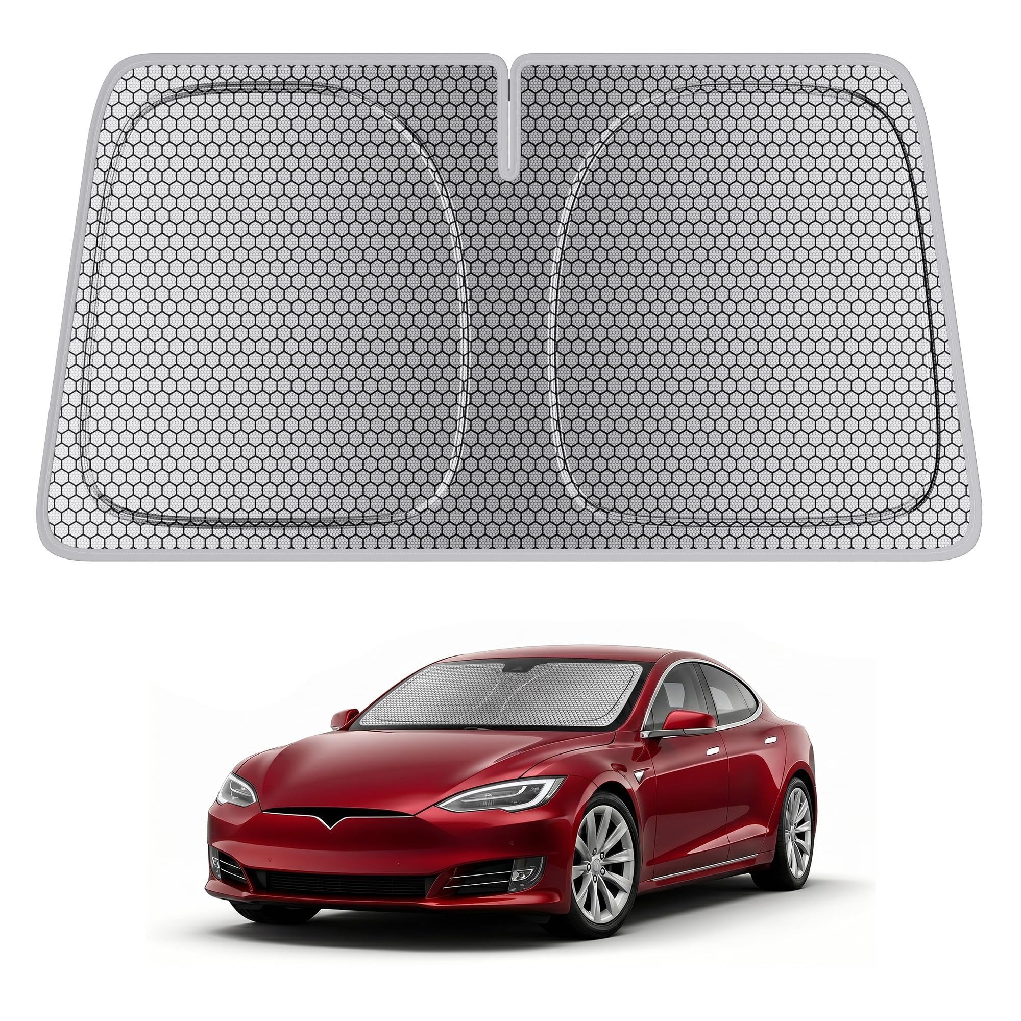 helloleiboo Windshield Sun Shade for Tesla Model S & Model X 2016-2026 Graphene Honeycomb Heat Shield with UV Protection Foldable Custom Fit Front Window Sunshade Silver 58" x 41"