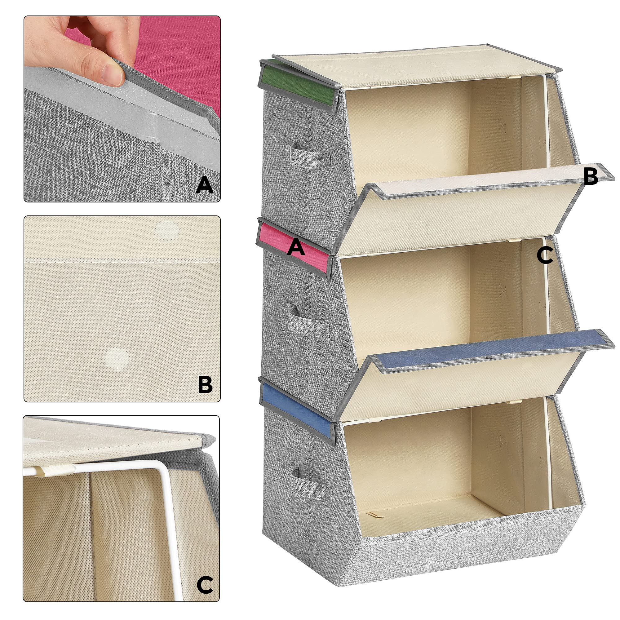 SONGMICS Aufbewahrungsboxen, 3er Set, Faltboxen, Stoffboxen mit Griffen, Organizer, magnetischer Deckel, für Kinderzimmer, Spielzimmer, Tier-Motive, rosa, blau, grün und grau RFB760P01