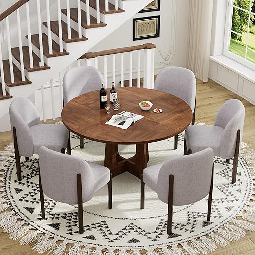 Miniatura 2 de Juego de mesa de comedor redonda de 7 piezas para 6, mesa de comedor de nogal de 47 pulgadas con base de pedestal doble + sillas de comedor