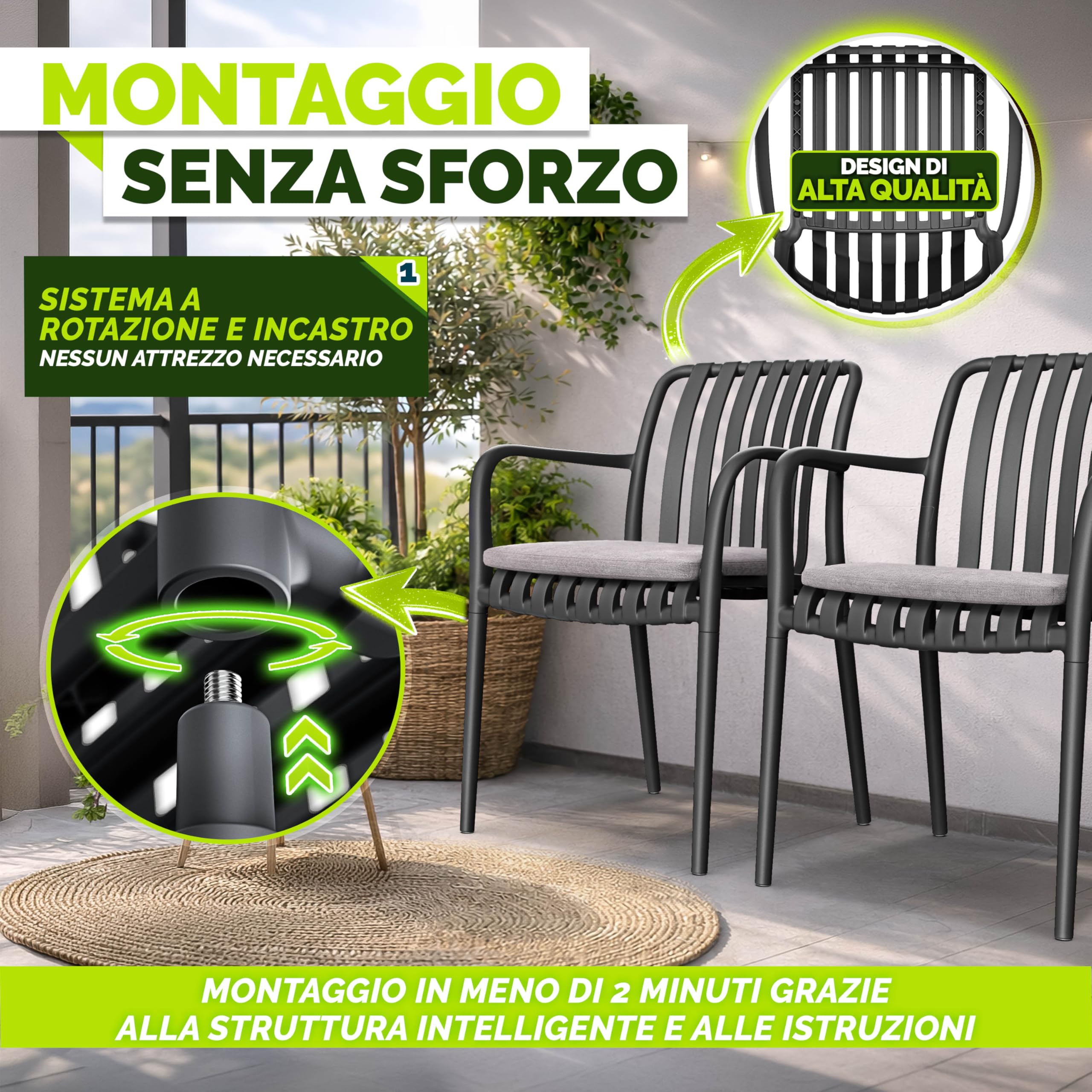 Tillvex Set di 4 Sedie da Giardino Impilabili Resistenti alle Intemperie 120 kg per Esterni Terrazzo Balcone