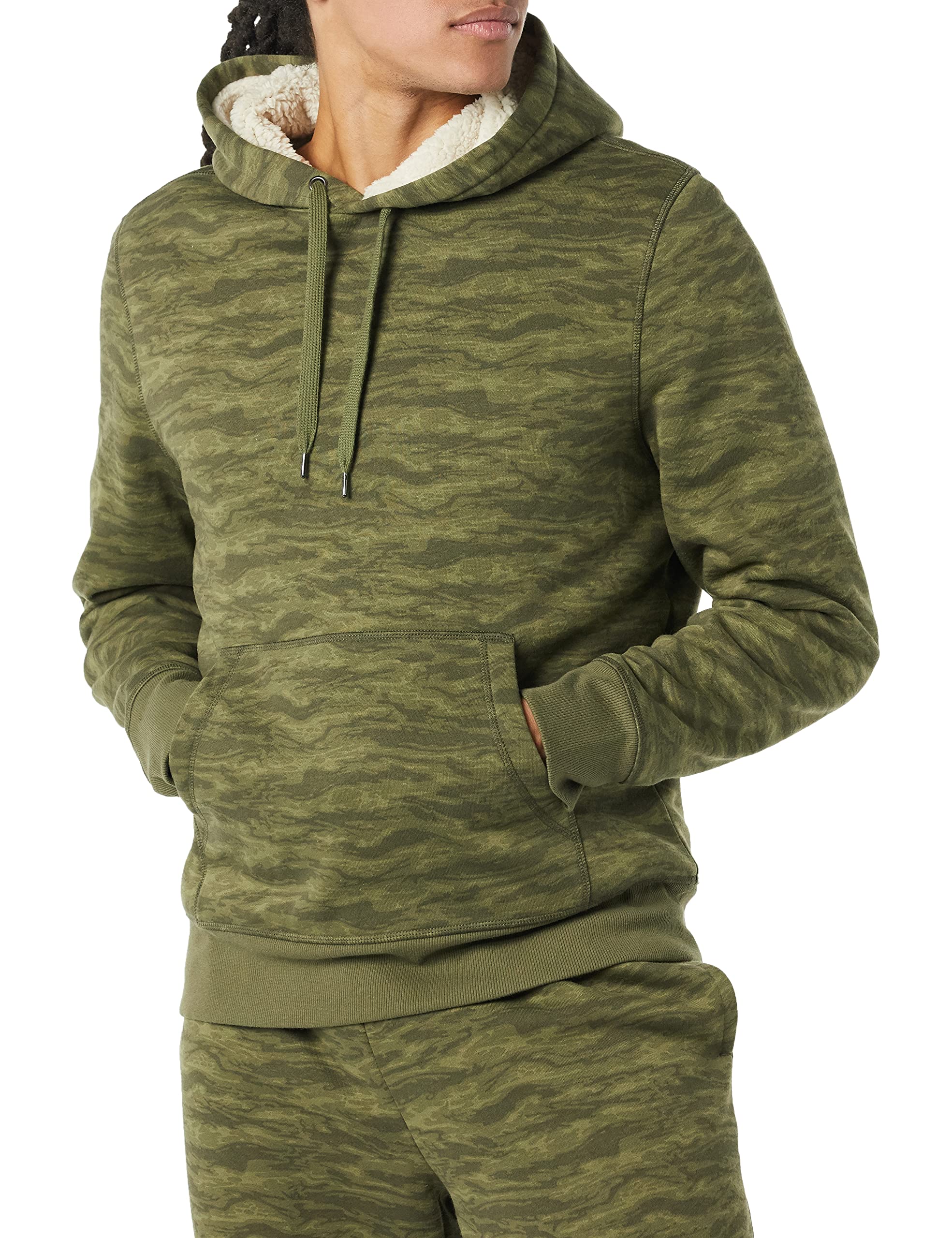 Amazon Essentials Men's Sherpa-Lined Pullover Hoodie, Dark Green Camo, Small