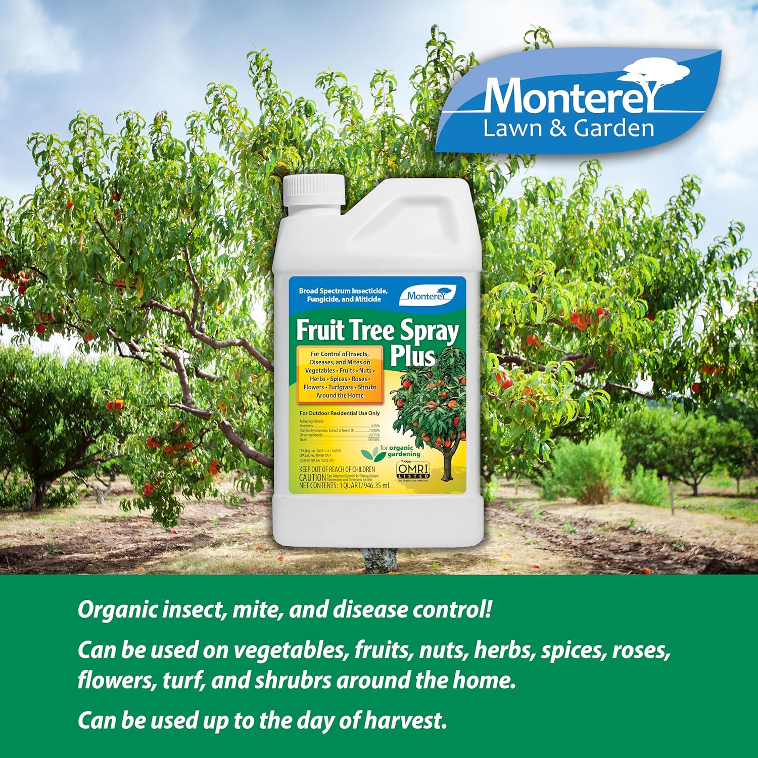 Monterey Fruit Tree Spray Plus for Control of Insects, Diseases, and Mites - Organic Gardening OMRI Listed, Contains Neem Oil and Pyrethrins, Bundled with Garden Measure Spoon - 32 oz