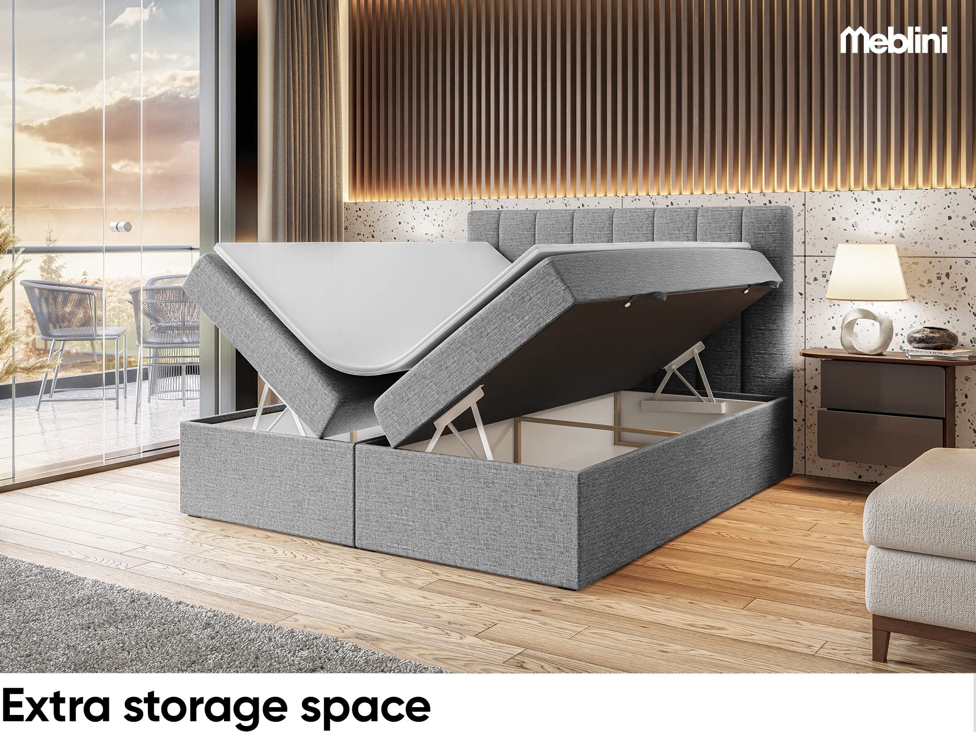 MEBLINI Boxspringbett mit Bettkasten - 180x200 - Gepolstert Doppelbett mit Matratze und Topper - Polsterbett mit Stauraum - Bett mit Kopfteil - Stauraumbett - Erling - H3/Grau Webstoff