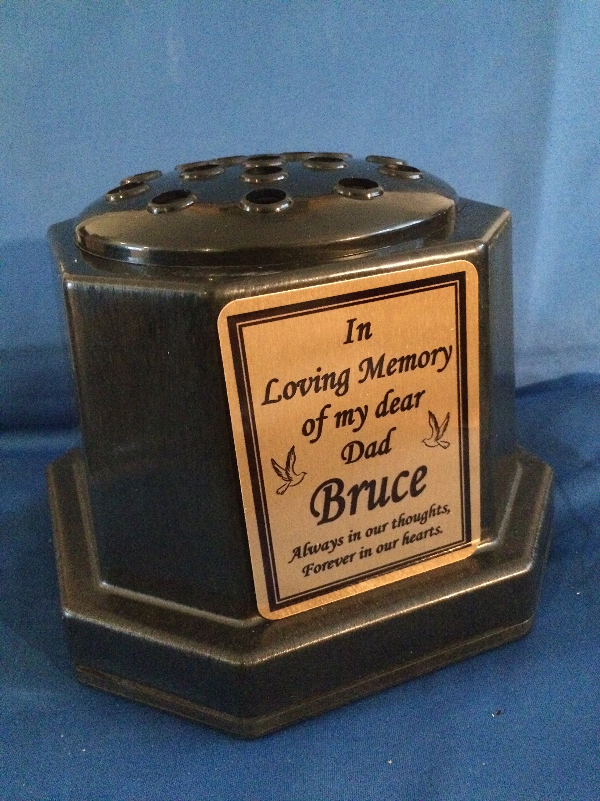 Black Grave Plaque Memorial Vase Flower Holder with Personalised Plate