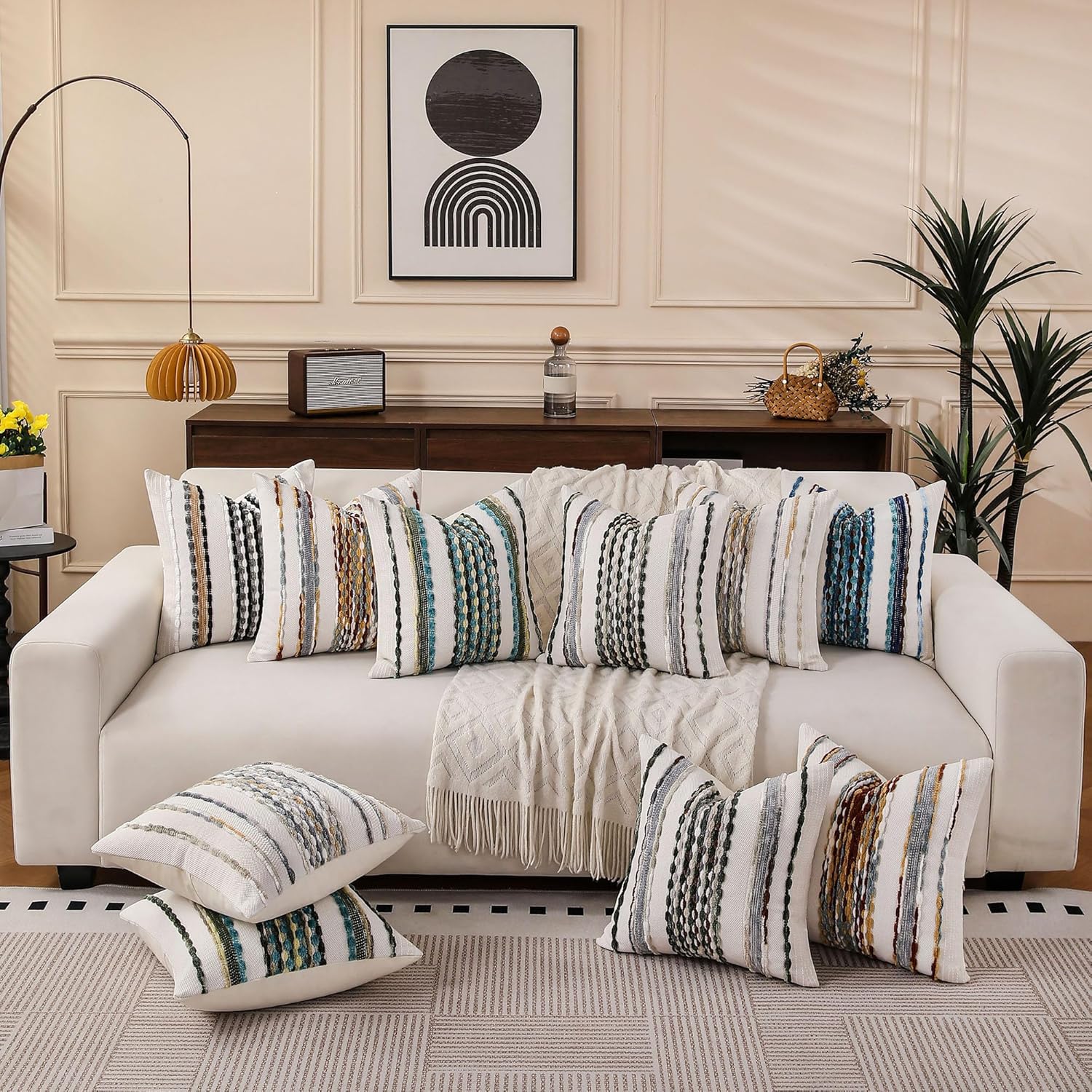 Boho Striped Throw Pillow Covers 18x18 Inch Set of 2 Farmhouse Square Decorative Pillow Covers Chenille Tufted Accent Neutral Pillowcase Green Cushion Cover for Living Room Couch Sofa Bed - Image 3