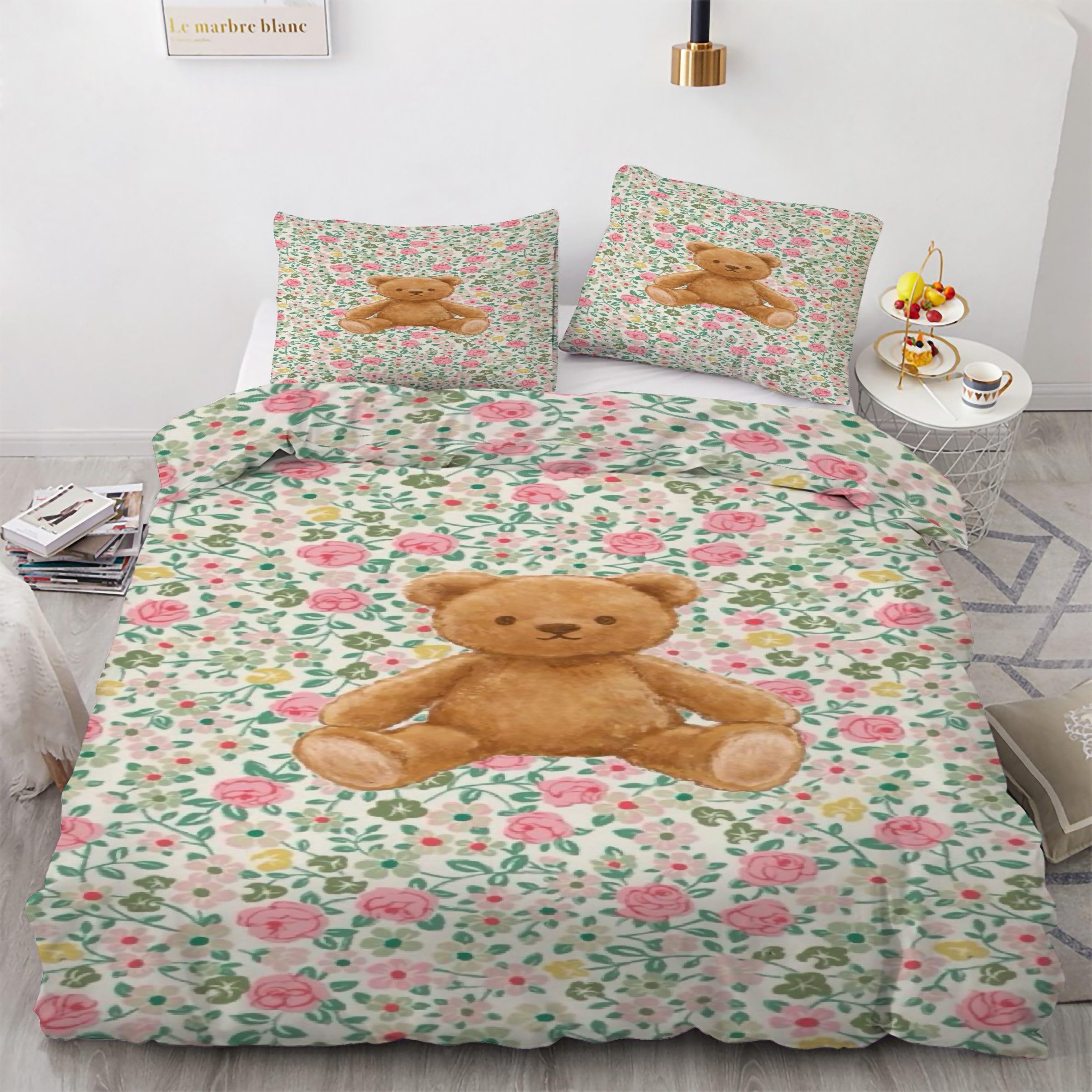 Housse de couette 200x200 floral ours en peluche avec 2 taies