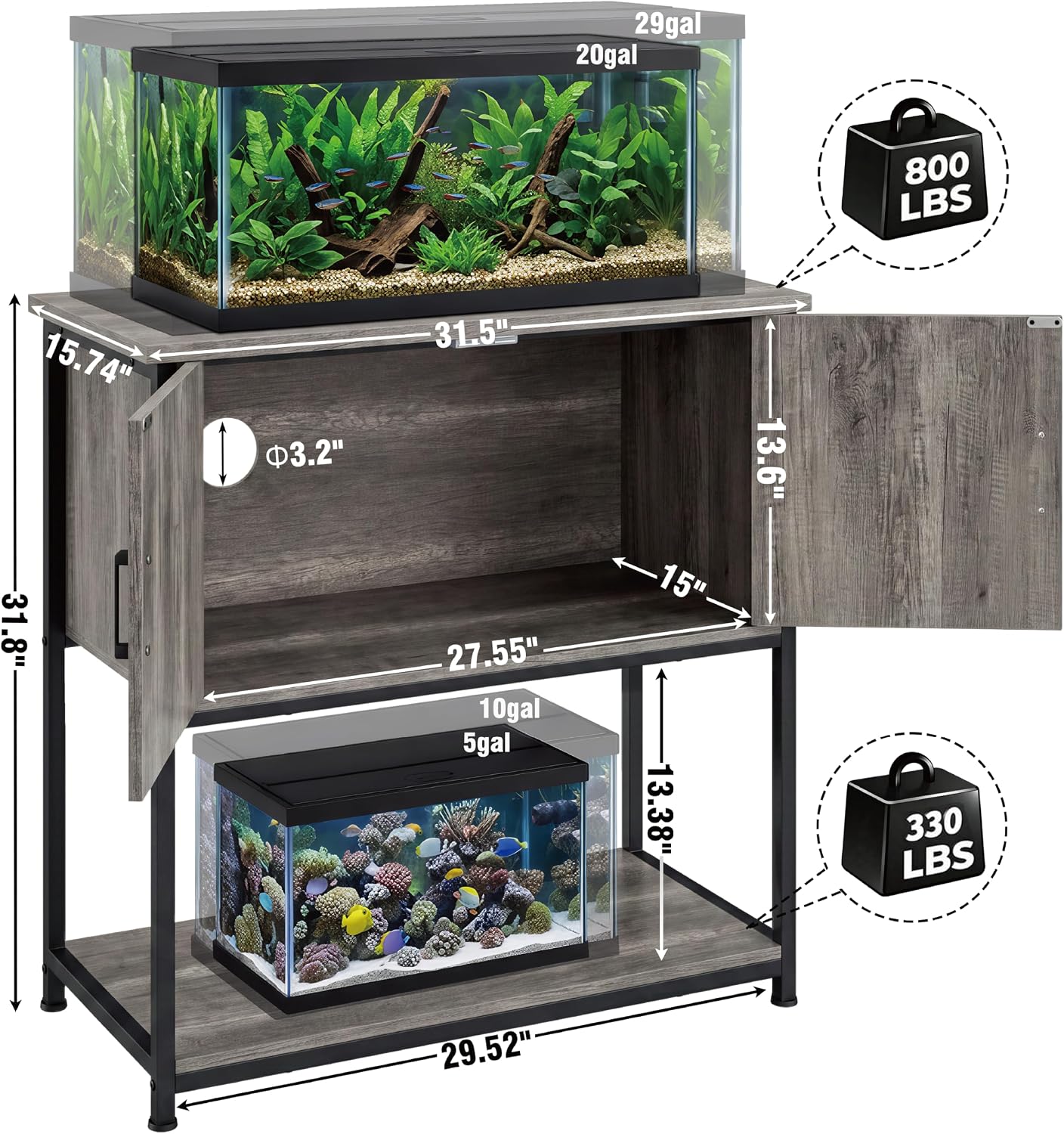 20/29/30 Gallon Fish Tank Stand with Cabinet 800LBS Capacity image 2