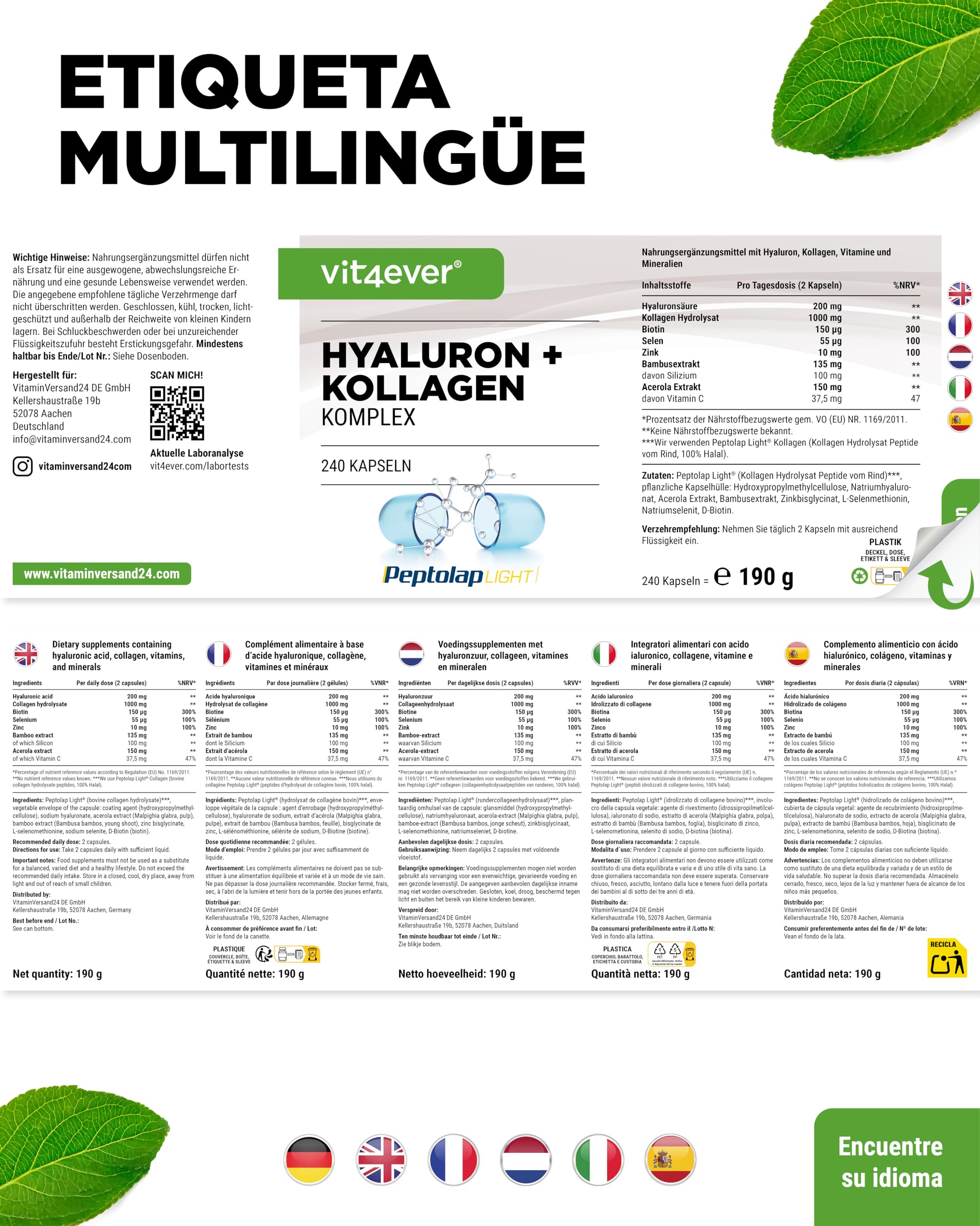 vit4ever Complejo de Ácido Hialurónico y Colágeno - 240 cápsulas - Premium: Con Biotina Bioactiva, Selenio, Zinc, Vitamina C natural de la Acerola y Silicio de Bambú
