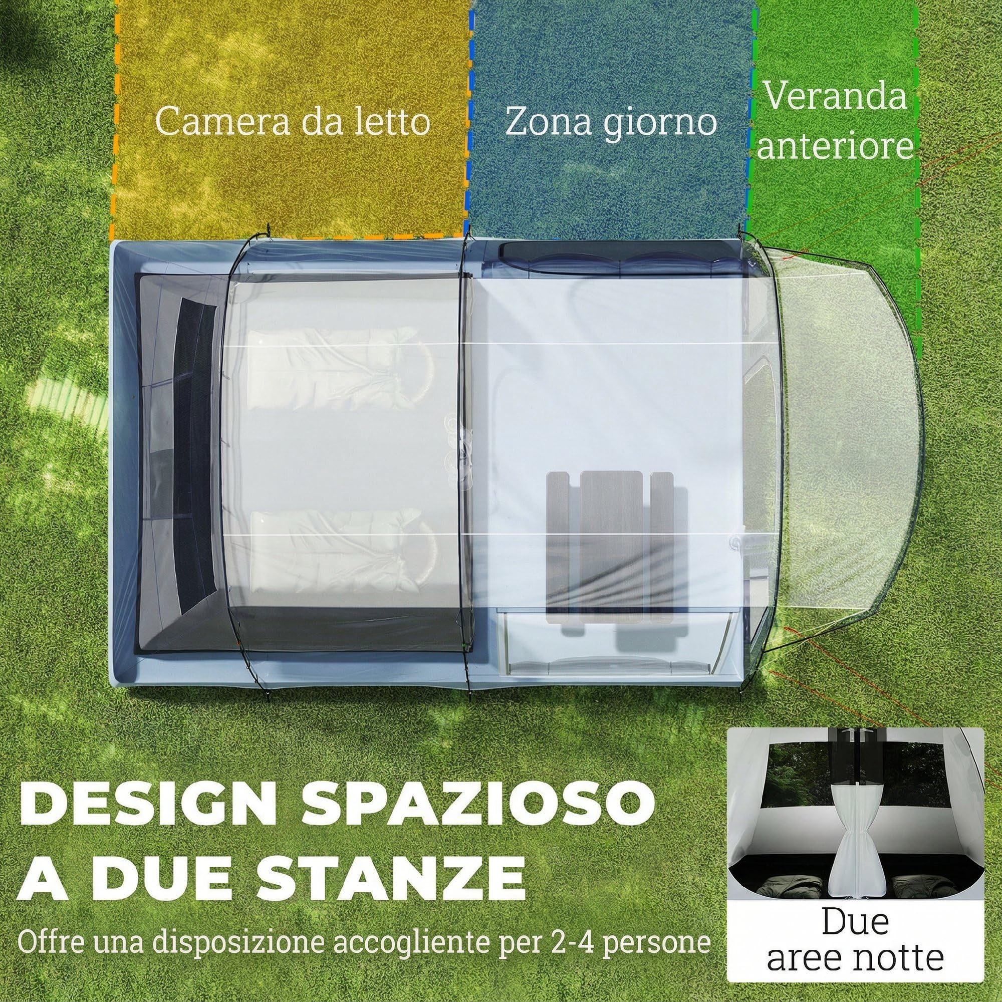 Outsunny Tenda Campeggio a Tunnel per 2-4 Persone Alta 213cm con 2 Stanze, Tenda da Campeggio Familiare Impermeabile 3000mm Veranda, Finestre, Tasche, Gancio, Borsa Trasporto per Trekking, Blu Navy