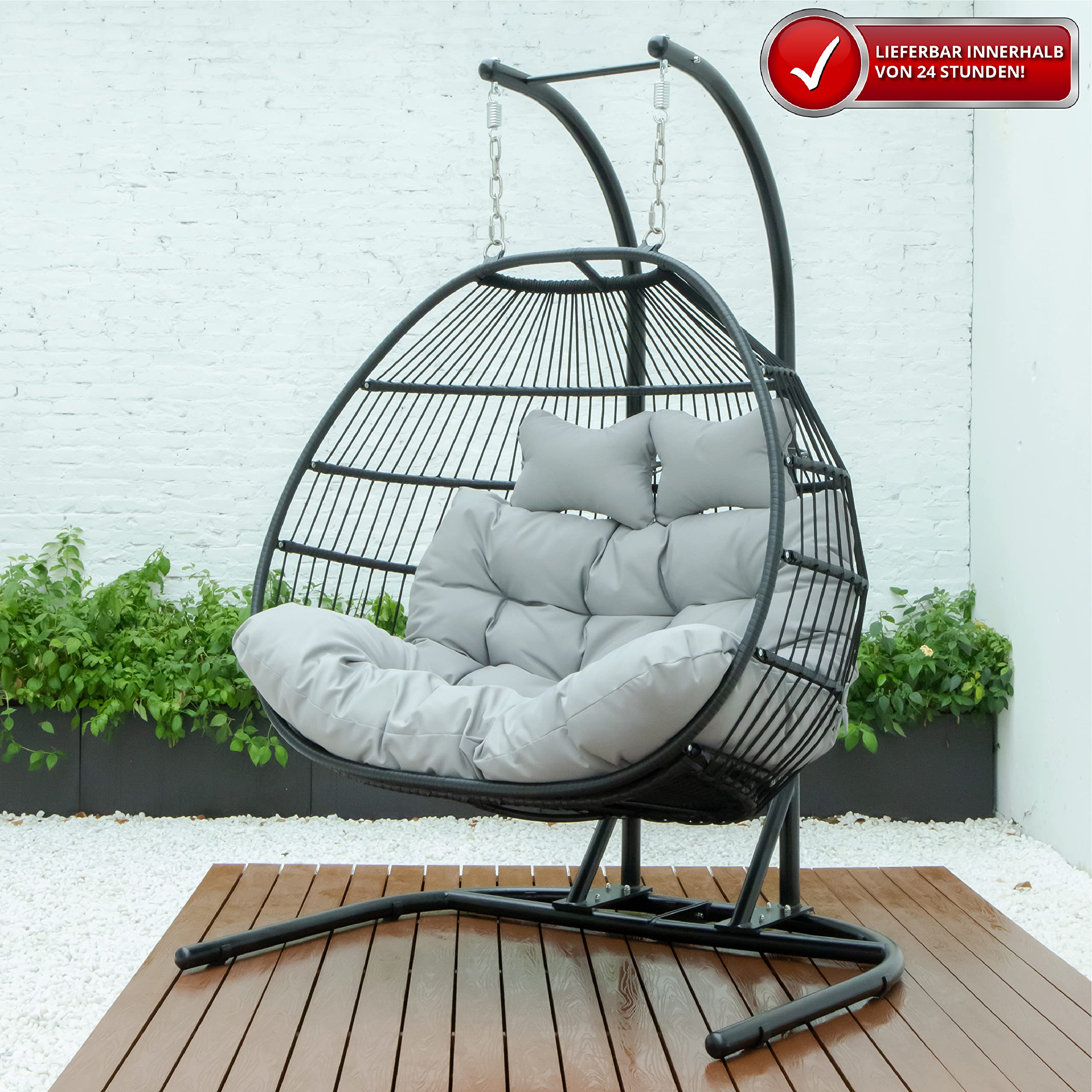 Endorphin Hängesessel mit Gestell Twin - Für 2 Person - Hängestuhl mit Gestell + Polster - Sessel für Garten + Balkon + Terrasse + Wintergarten - Schwingsessel Outdoor - XXL Schwebesessel
