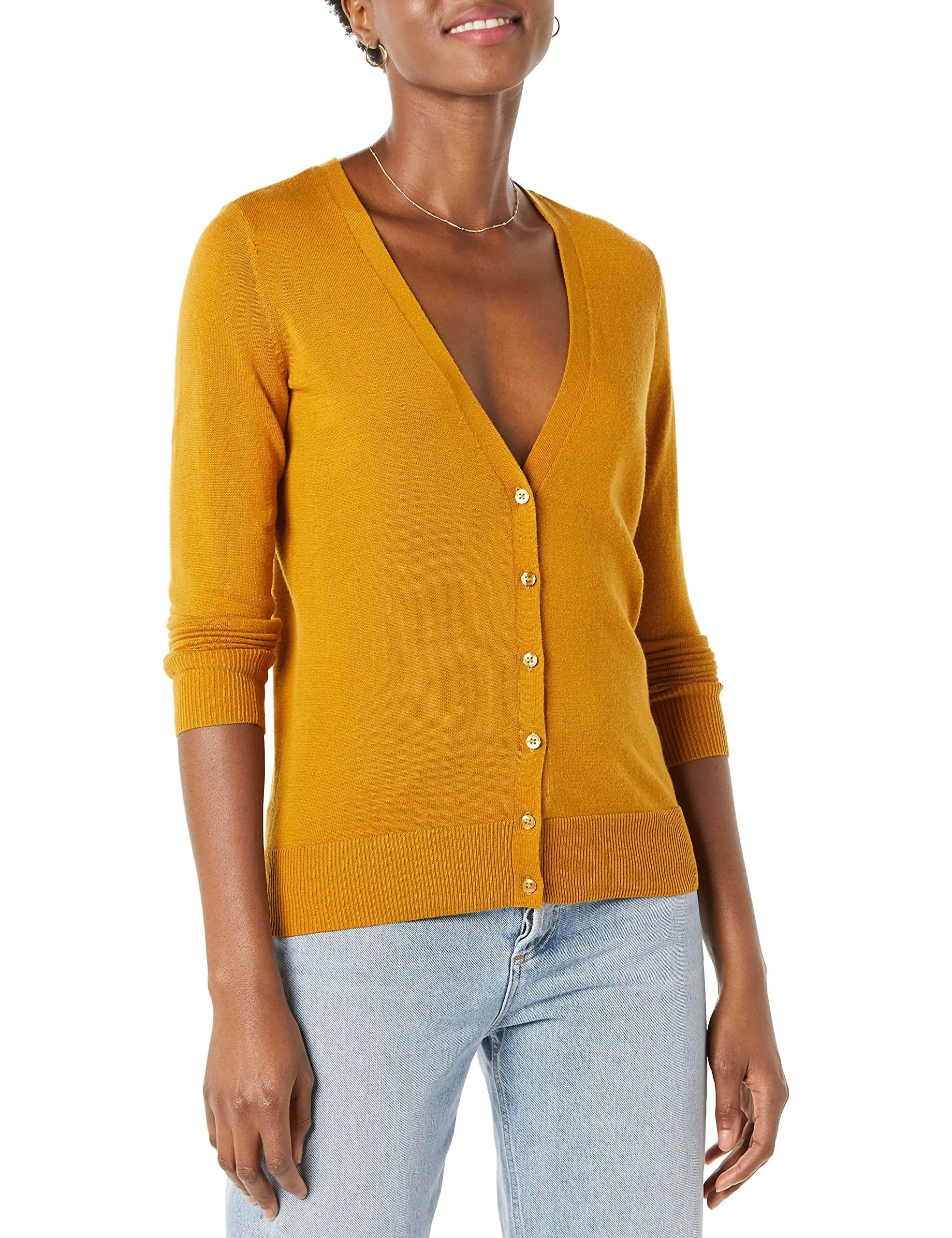 Amazon Essentials Women's Lightweight Cardigan Sweater, Mustard Yellow, Small