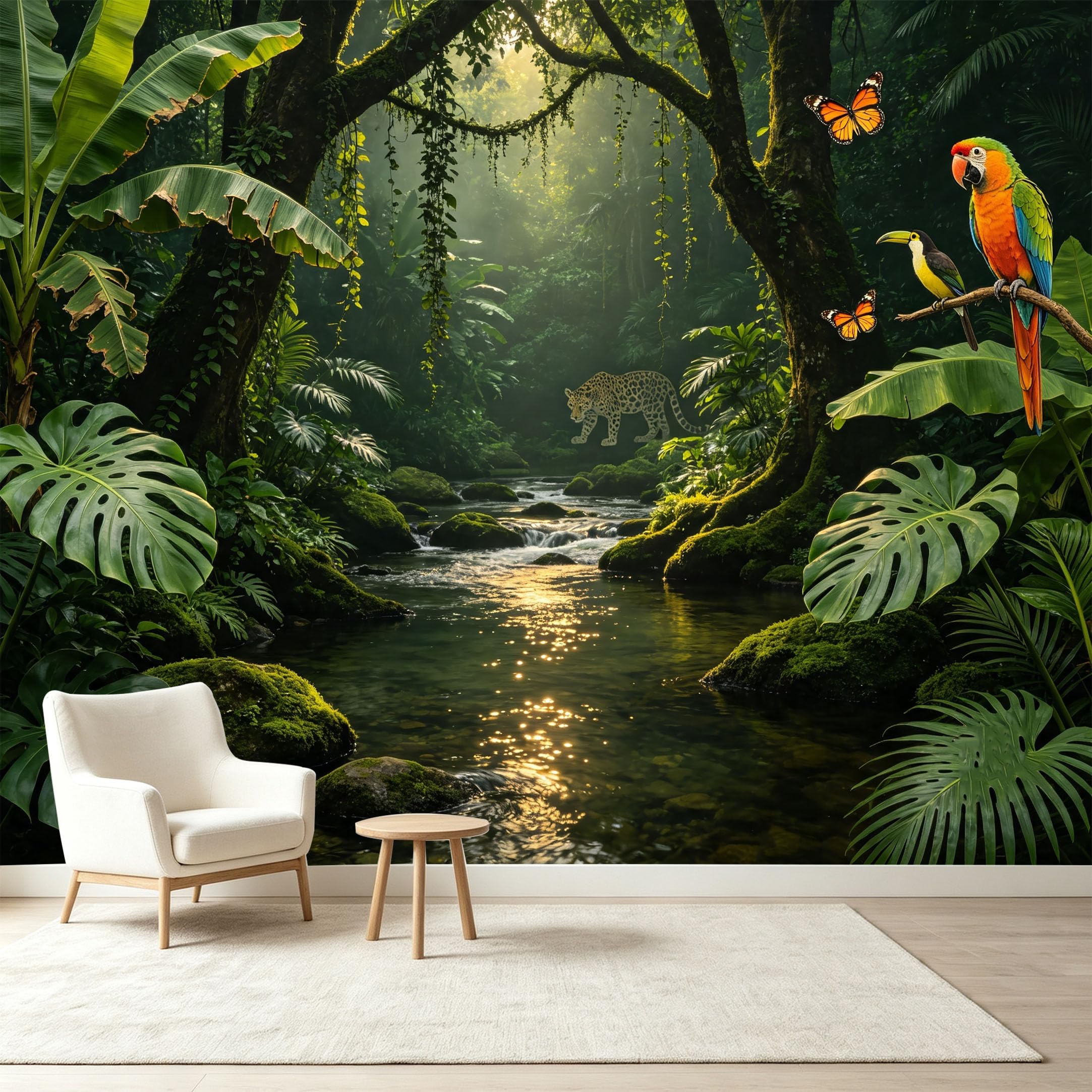 Custom Size Wall Murals Tropical Jungle Rainforest Wildlife Parrot Jaguar Waterfall Self-Adhesive Wall Fabric Removable Wallpaper Wall Decor for Living Room Bedroom Bathroom