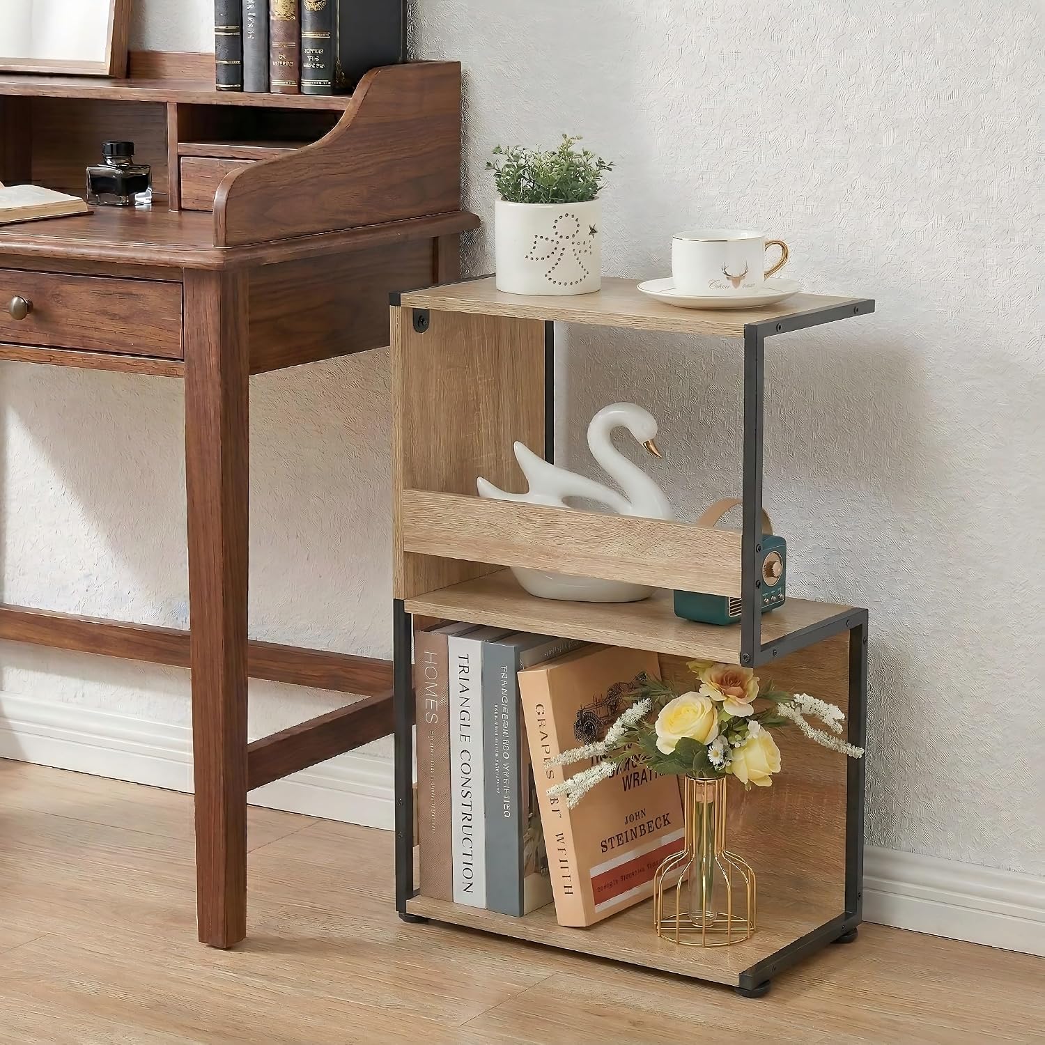 Bookshelf, Small End Table, S Shape Bookcase W/ 2-Layer Storage Shelves, Sofa Side Table for Small Spaces, Nightstand for Bedroom, Living Room, Stable Frame, Oak