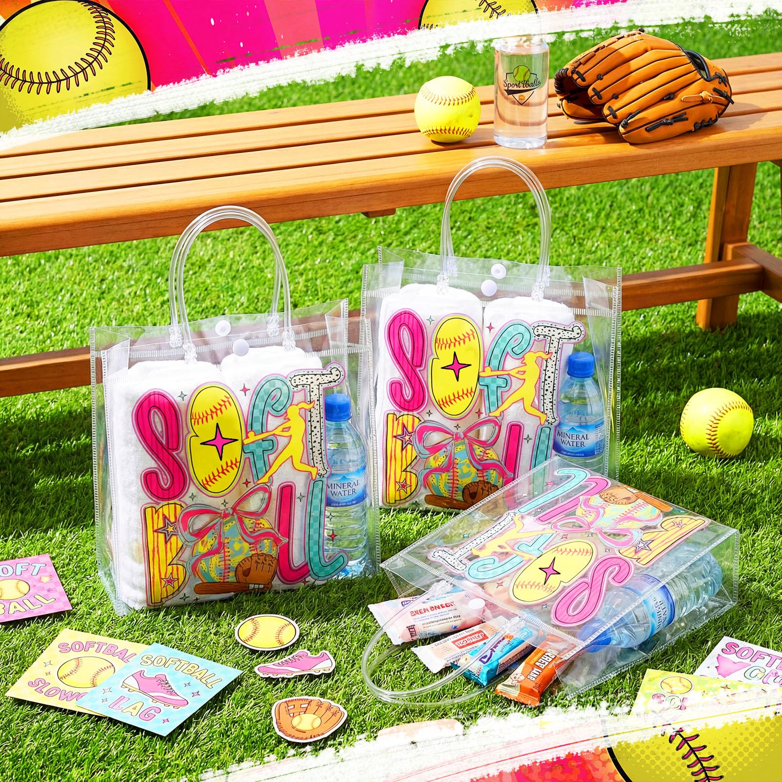 20 Pcs Coquette Softball Goodie Bags with Handles Bow Glitter Preppy Reusable Sports Treat Bags for Candy Birthday Party Supplies 8 x 8 x 3.15''(Softball)