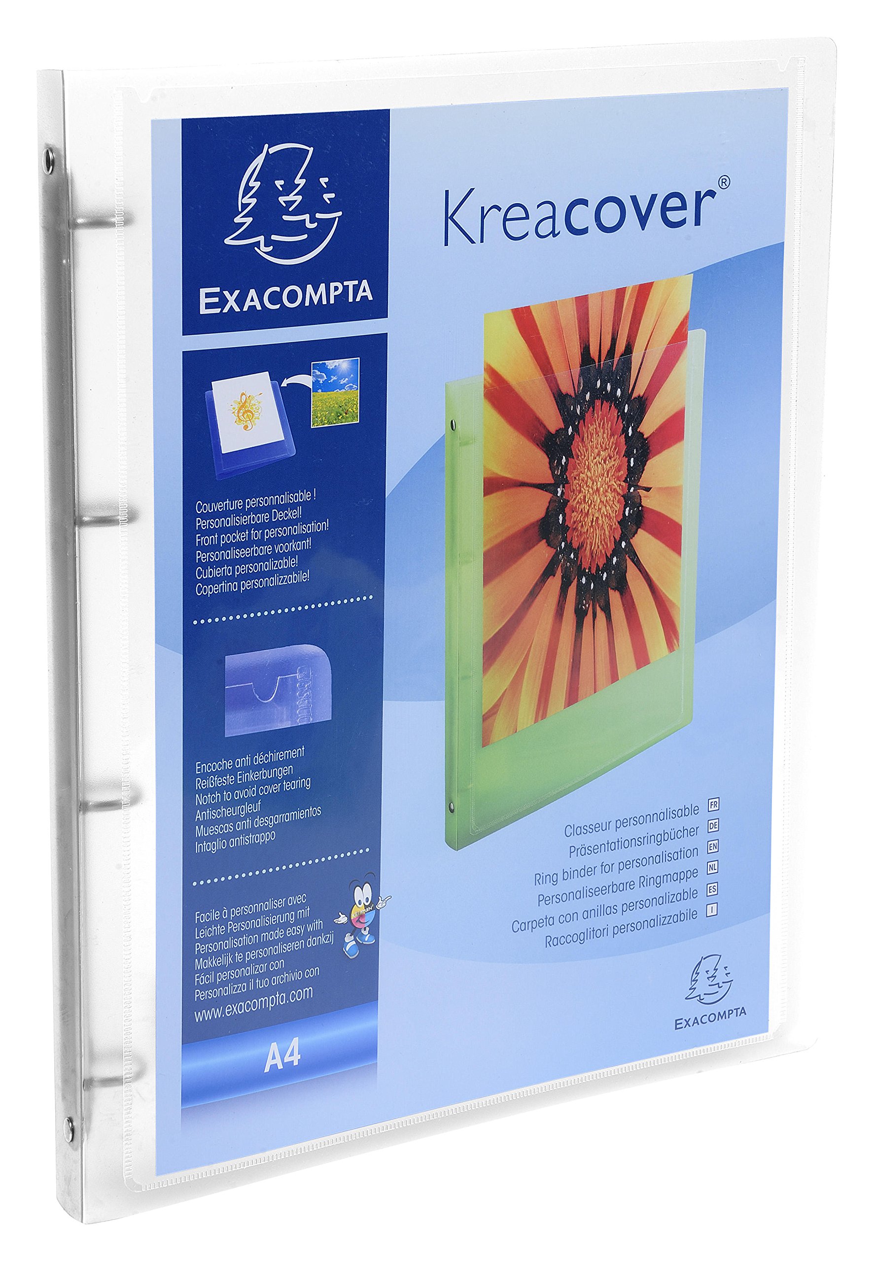 Exacompta - ref. 51968E - 1 customizable flexible PP binder 1 pocket - 4 round rings, 15 mm diameter - External dimensions: 32 x 25 cm - A4 file format - Colour: colorless