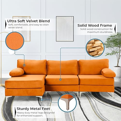 Miniatura 3 de Casa Andrea Milano Sofá seccional de tela de terciopelo en forma de L con diván extra ancho, sofá para sala de estar, apartamento, salón, naranja
