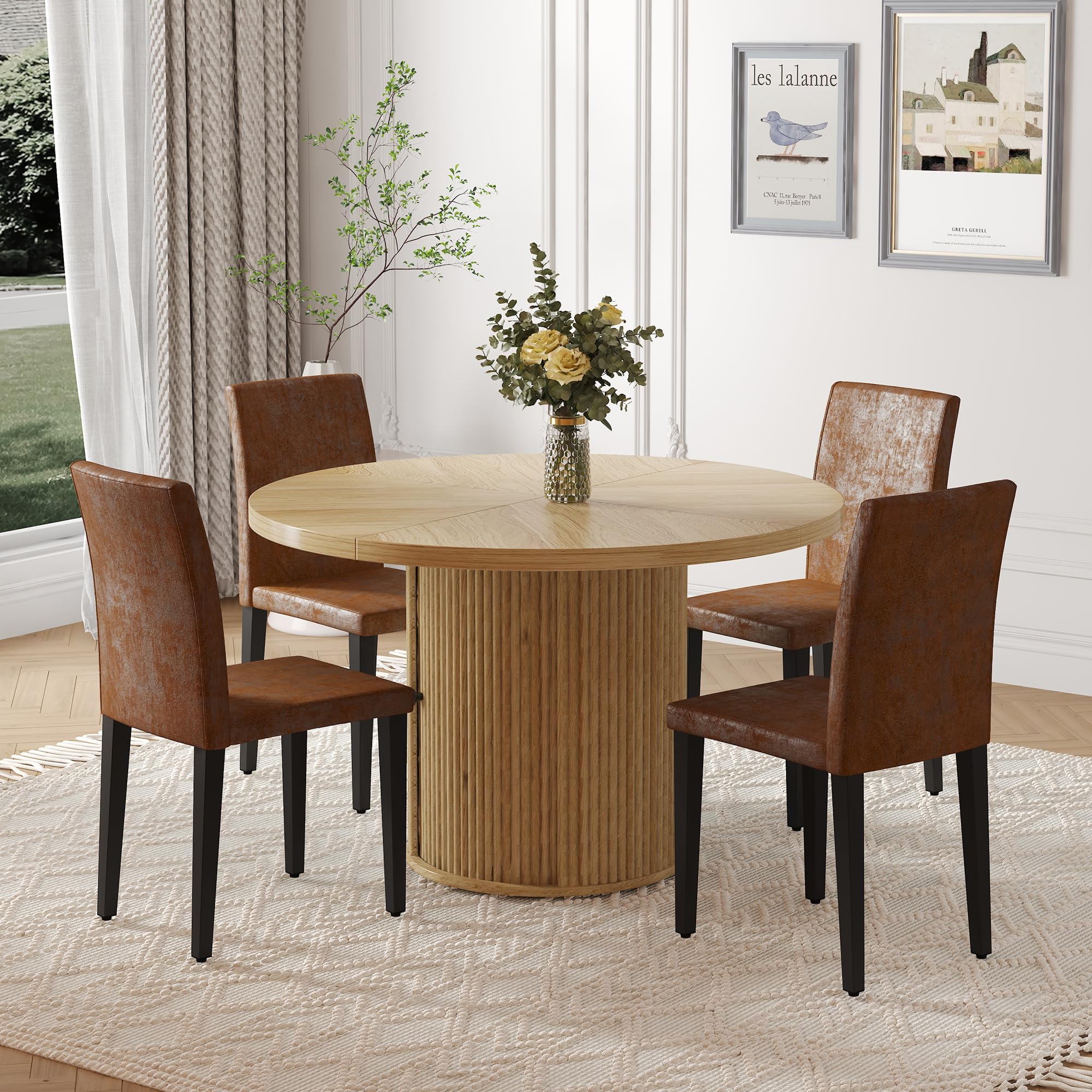 UELKS Round Dining Table Set for 4, 47.2 inch Wood Kitchen Table with Suede Chairs Set of 4, Modern 5 Piece Dinner Table Set with 2-Layer Storage