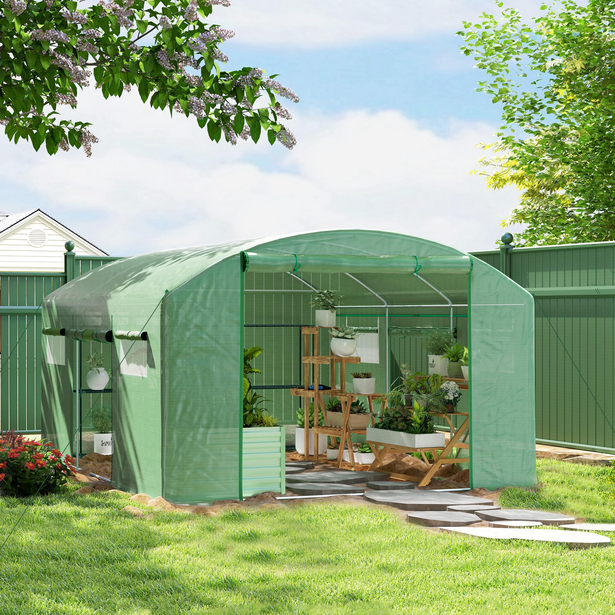 Outsunny 4 x 3 x 2m Serra a tunnel e serra tunnel Verde | Finestre a rete, tenda serra tunnel giardino, copertura PE resistente ai raggi UV, telaio in acciaio galvanizzato