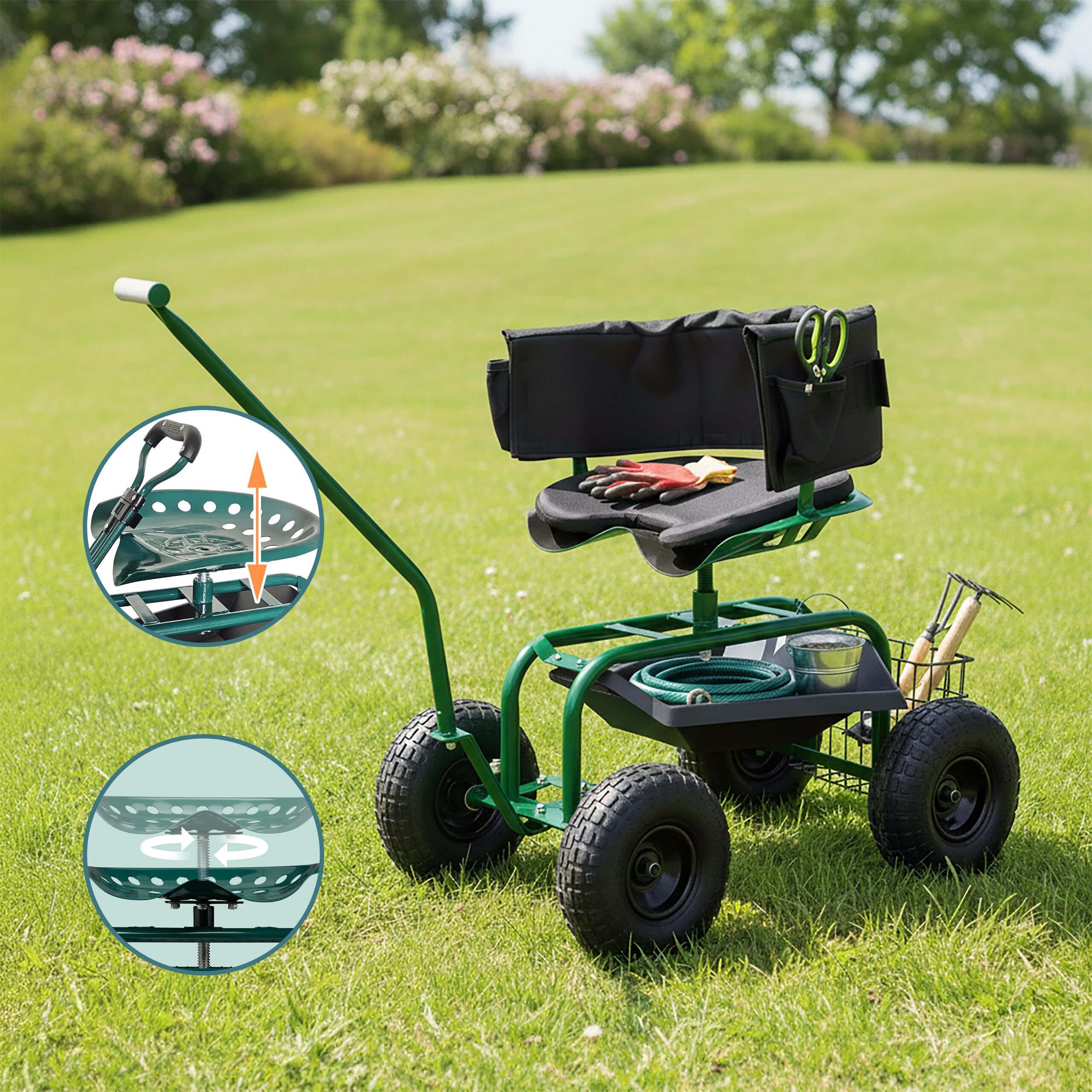 Relaxdays Sedile da Giardino Mobile, Regolabile, Portata 150 kg, vano portaoggetti, Cuscino