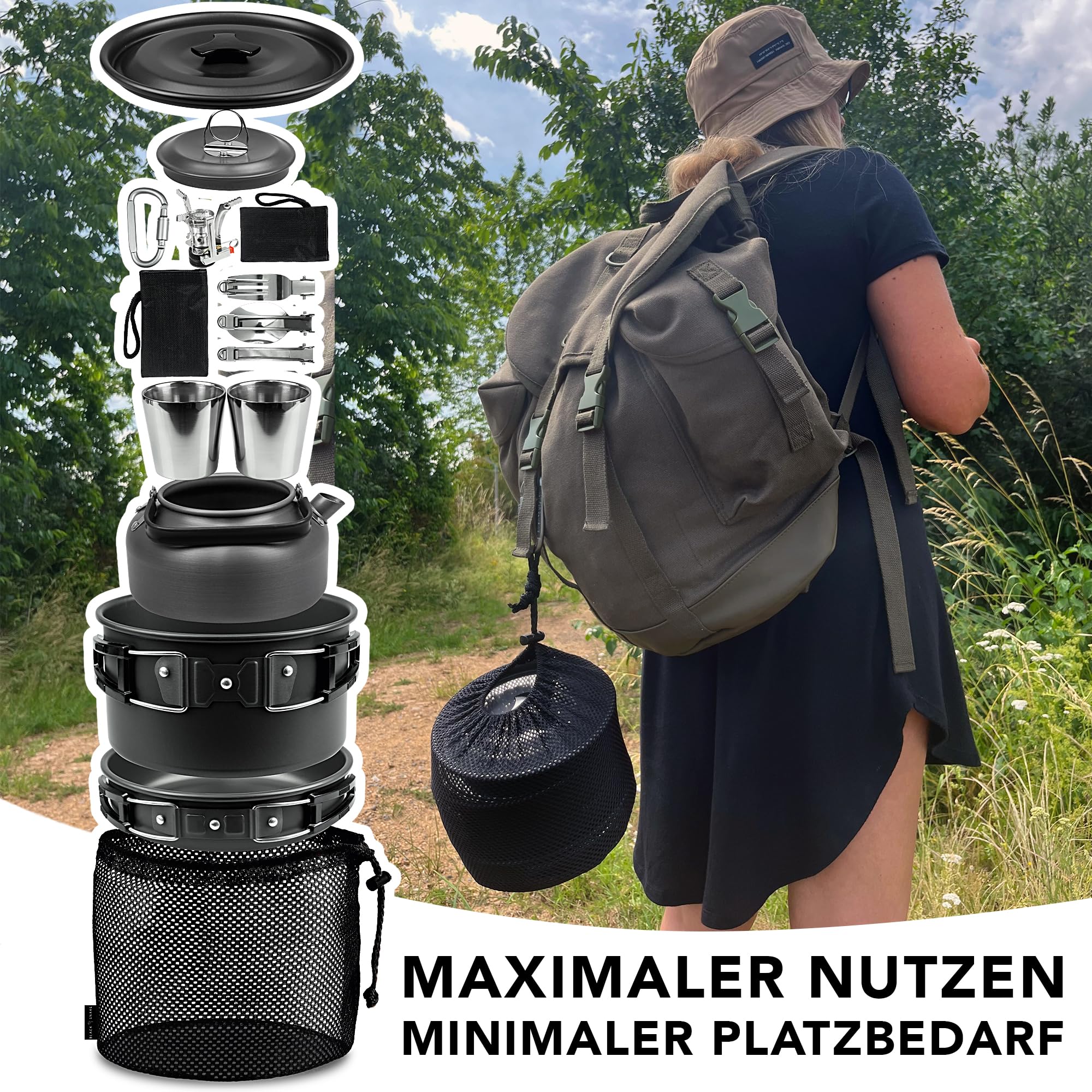 Camping Geschirr Set 10-teilig für 1-2 Personen - Kochgeschirr mit Topf Pfanne Kessel Becher Besteck und Zünder - Outdoor Kochset kompakt & leicht