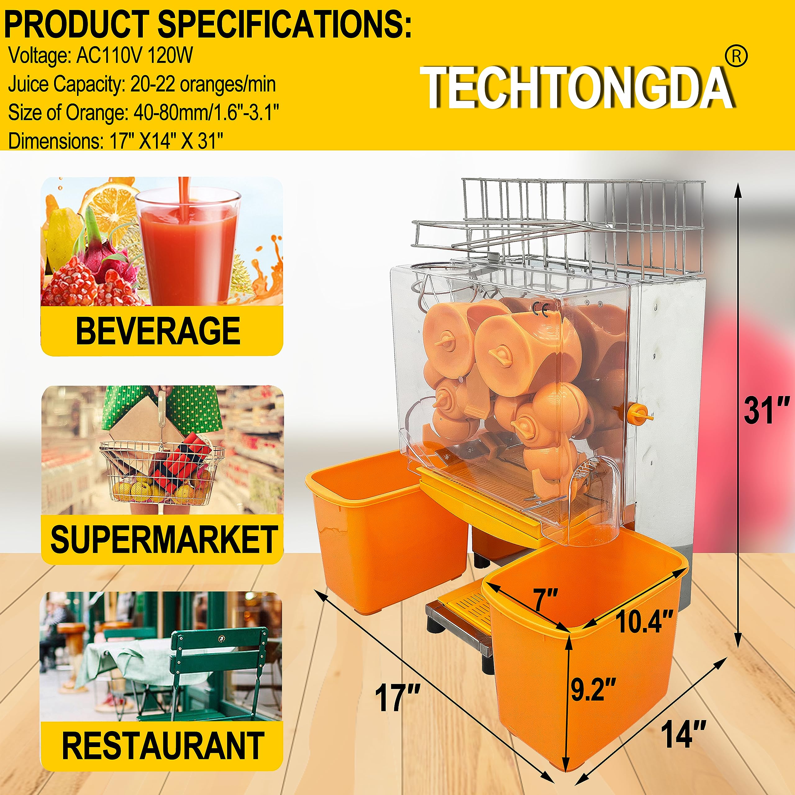 TECHTONGDA Commercial Juicer Machine, Orange Squeezer for 22-30 per Minute, Lemon Juice Extractor Citrus Juicer, Electric Orange Juice Machine with Pull-out Filter Box and 2 Peels Collecting Buckets