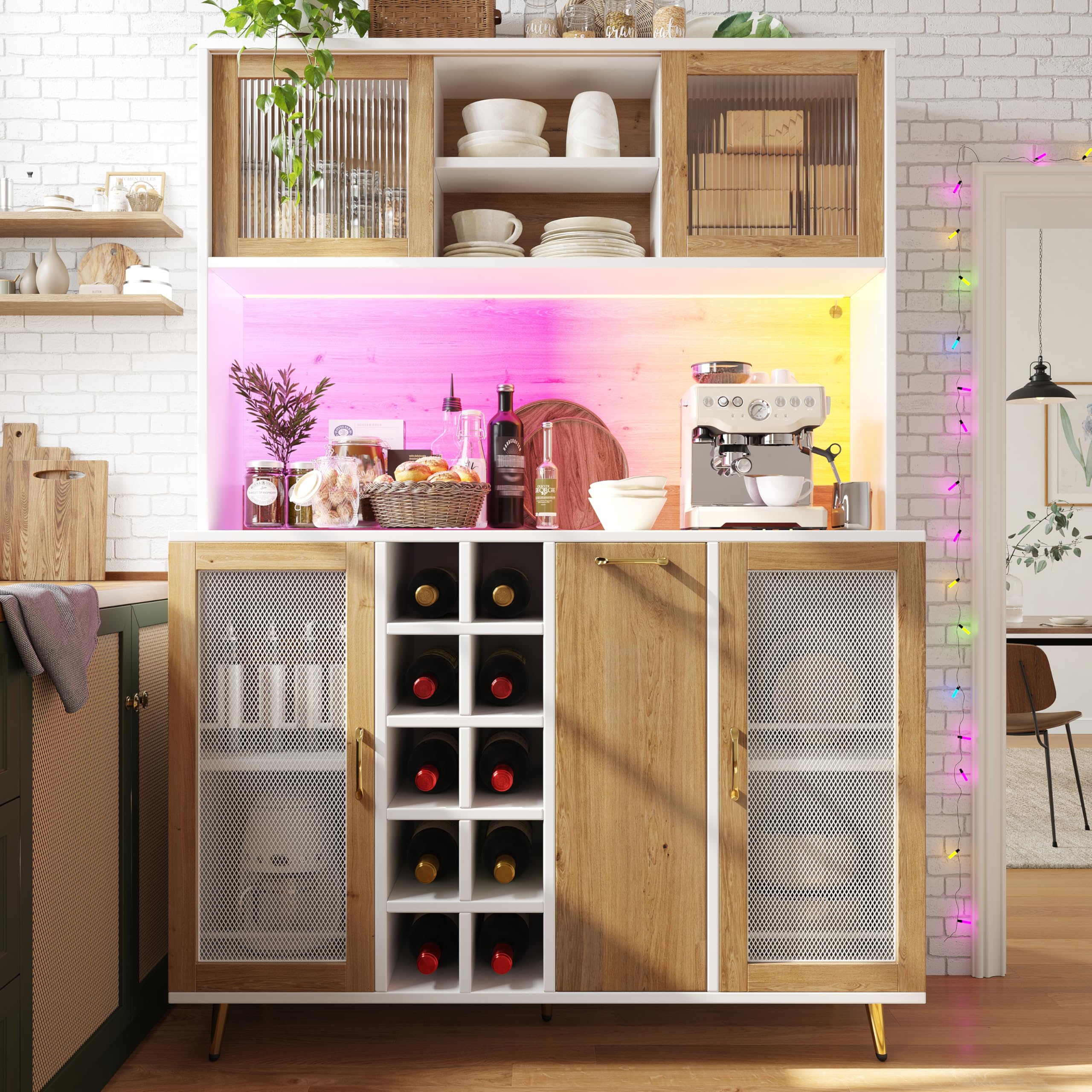 Multifunktions-Küchenschrank mit LED-Beleuchtung und Integrierte Steckdose, Hochschrank mit Weinregal und Snackregal, Buffetschrank mit 5 Türen und Offene Regale, Weiß-C, 120x40x170 cm