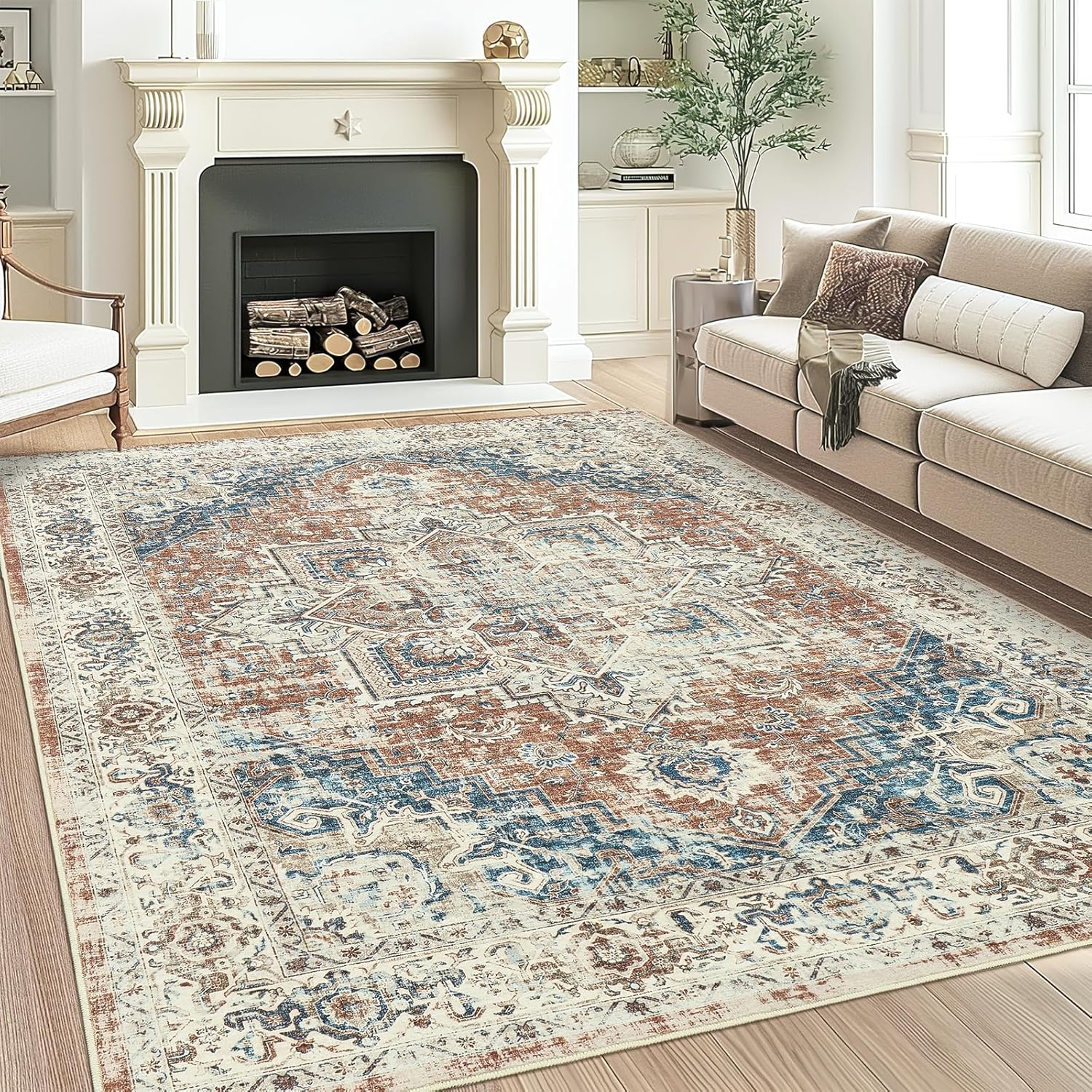 8x10 Area Rug, Washable Rugs 8x10, Ultra-Thin Foldable Vintage Area Rugs for Living Room, Large Home Decor Floral Print Area Rug with Anti Slip Backing (Brick Red/Blue,8'x10')