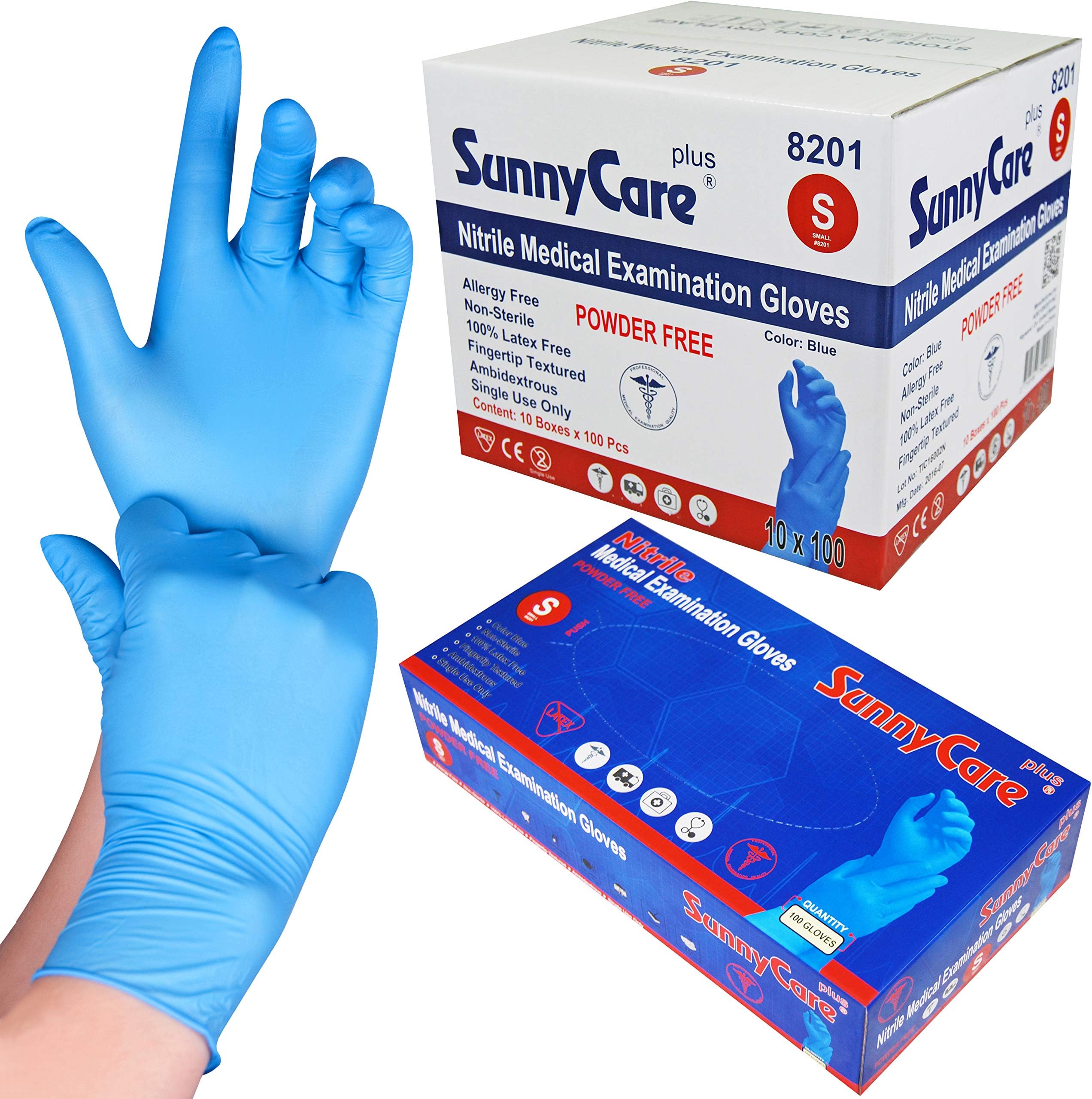 SunnyCare1000 8201 Blue Nitrile Medical Exam Gloves Powder Free Chemo-Rated (Non Vinyl Latex) 100/box;10boxes/case Size: Small