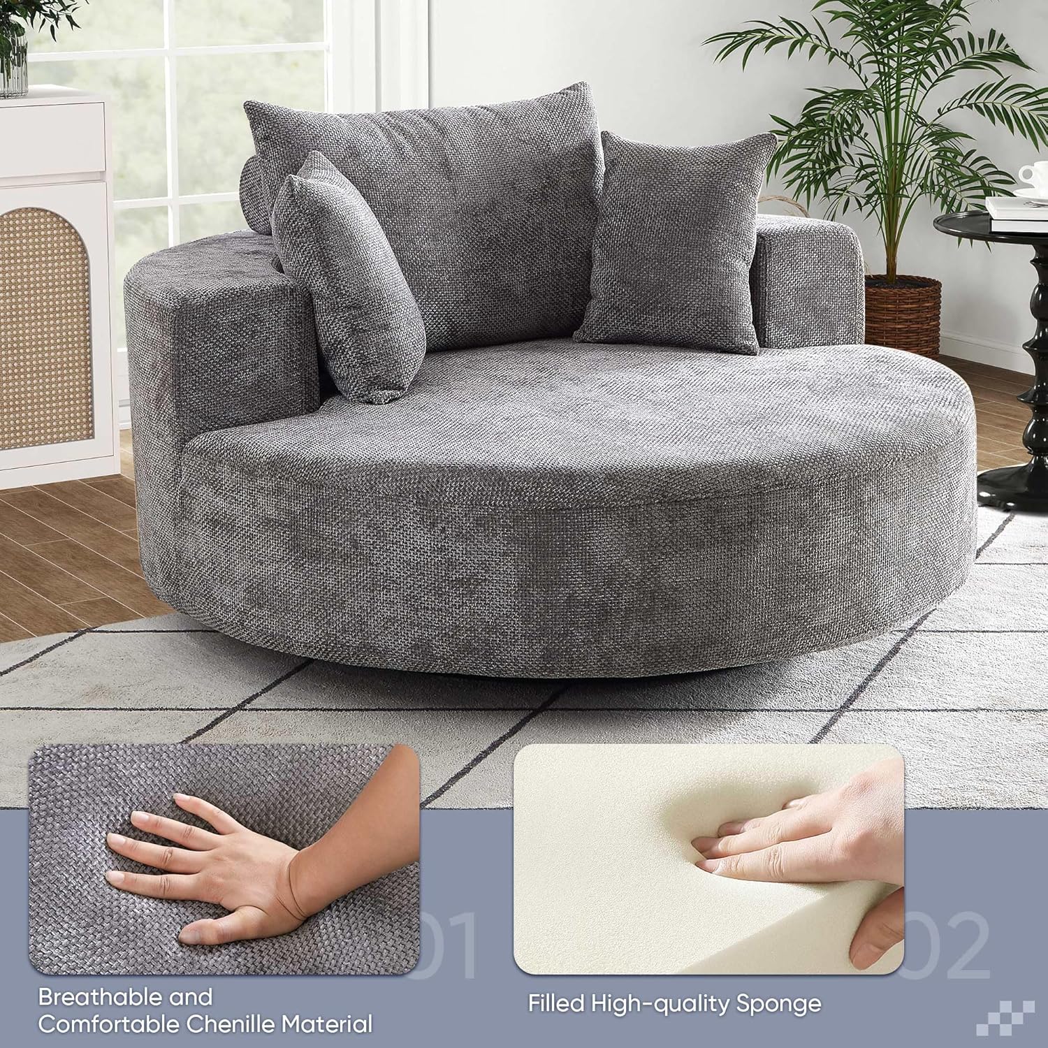 SLEERWAY 55" W Oversized Swivel Accent Chair, Large Barrel Chairs Upholstered Round Swivel Chair, Chenille Single Sofa Armchair, Modern Sleeper Chair for Living Room, Lounge and Projection Room, Grey