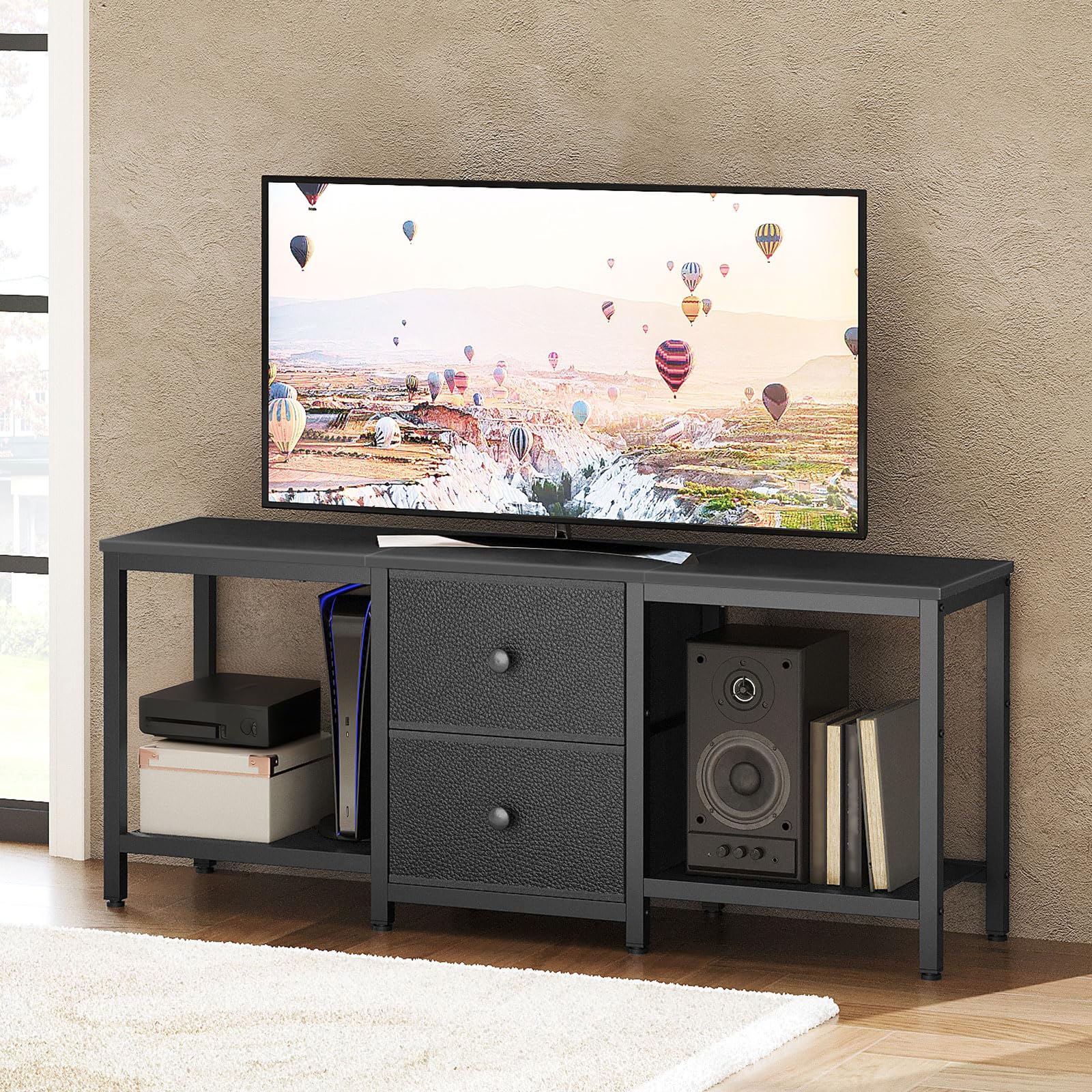 YATINEY TV-Schrank für Fernseher bis zu 55 Zoll, Fernsehtisch, TV-Konsole, lowboard mit offenen Fächern, 2 Schubladen, für Wohnzimmer, Schlafzimmer, 120 x 30 x 50 cm, Schwarz XDS02BB