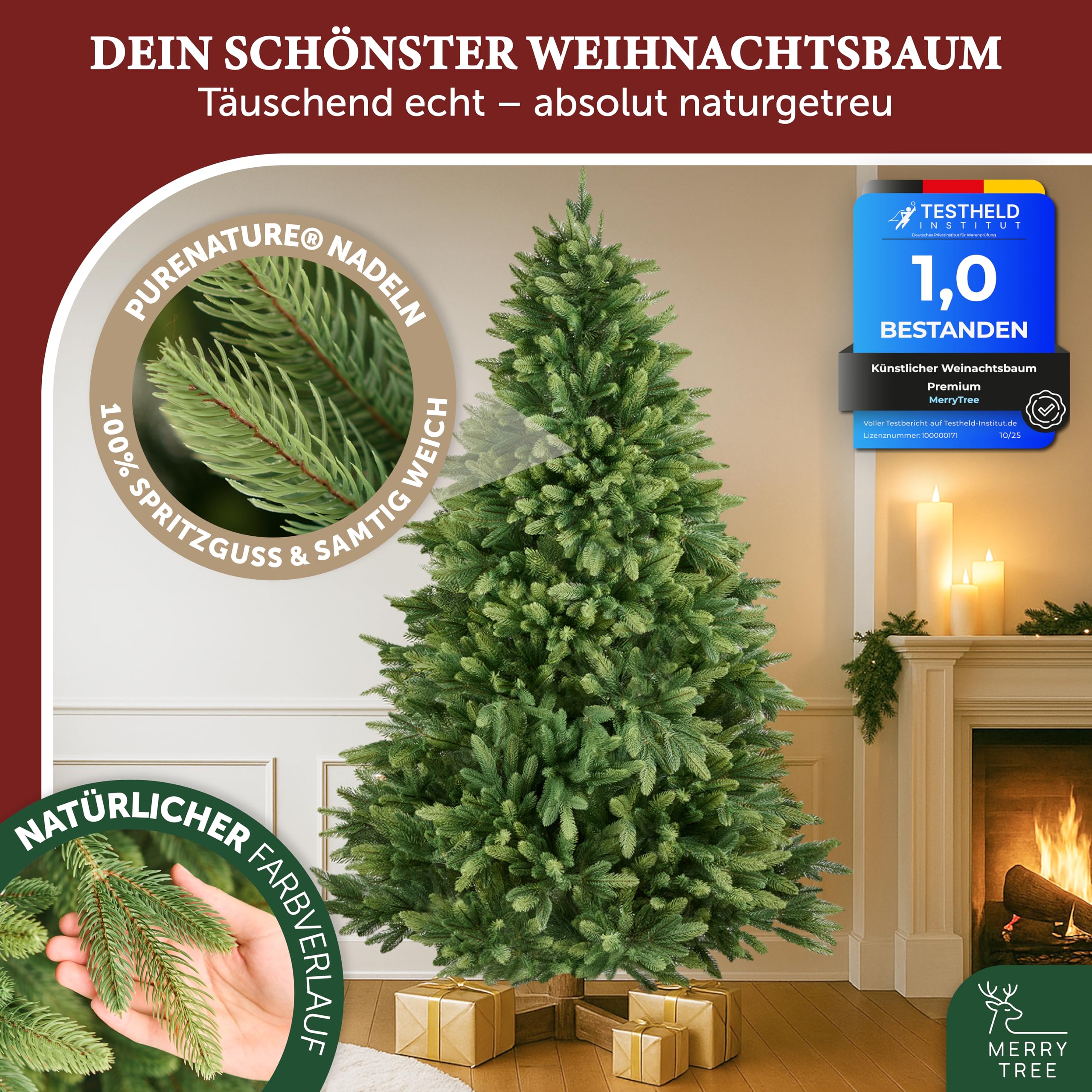 MerryTree Luxus künstlicher Weihnachtsbaum 180 cm - großer Weihnachtsbaum Spritzguss - naturgetreue PE-Nadeln + Holzfuß massiv - schwer entflammbar - Tannenbaum künstlich - Nordmanntanne